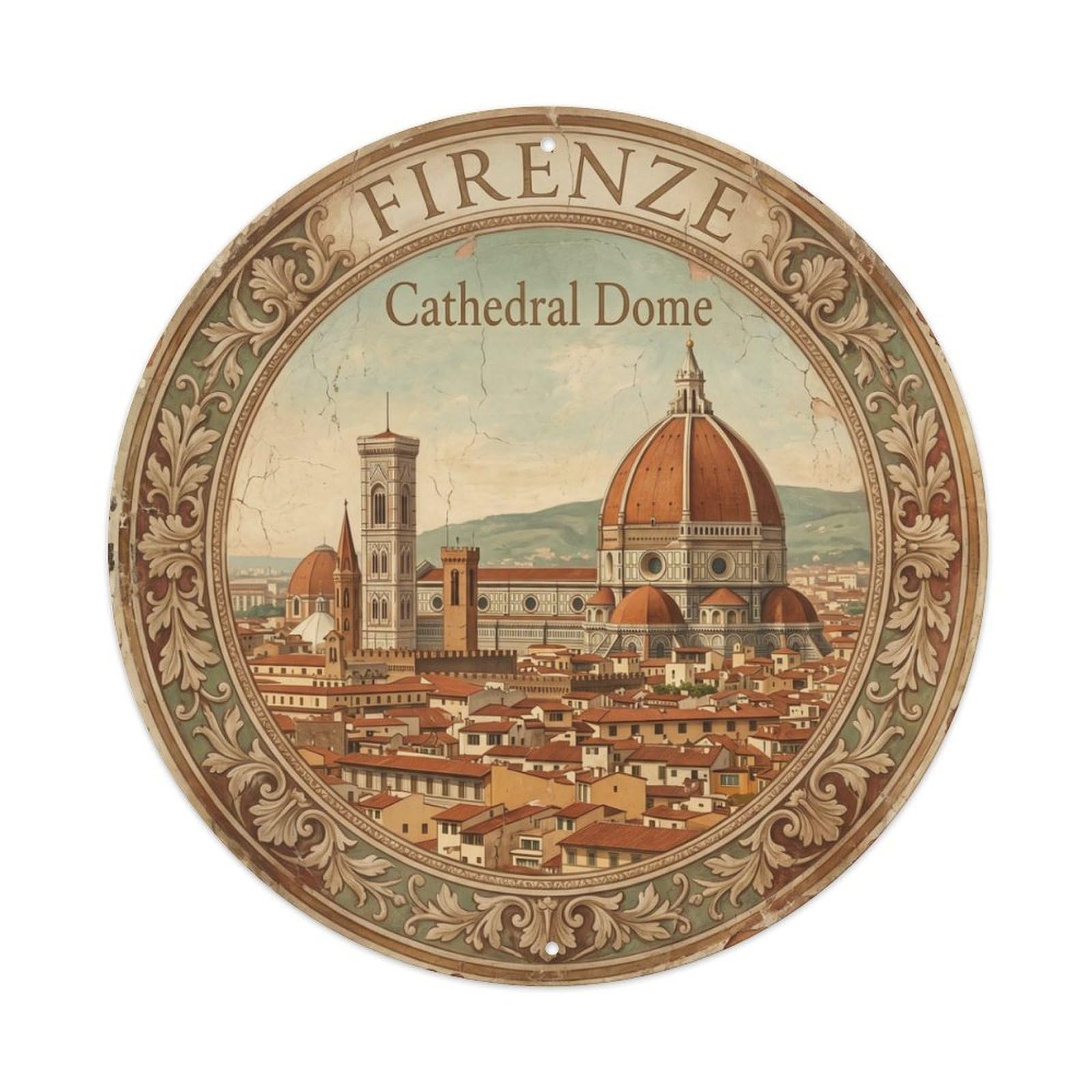 Vintage Travel Cathedral Florence Dome Metal Tin Sign Plaque Wall Decor for Cafe, Club, Garden Round Metal Poster 8x8Inch