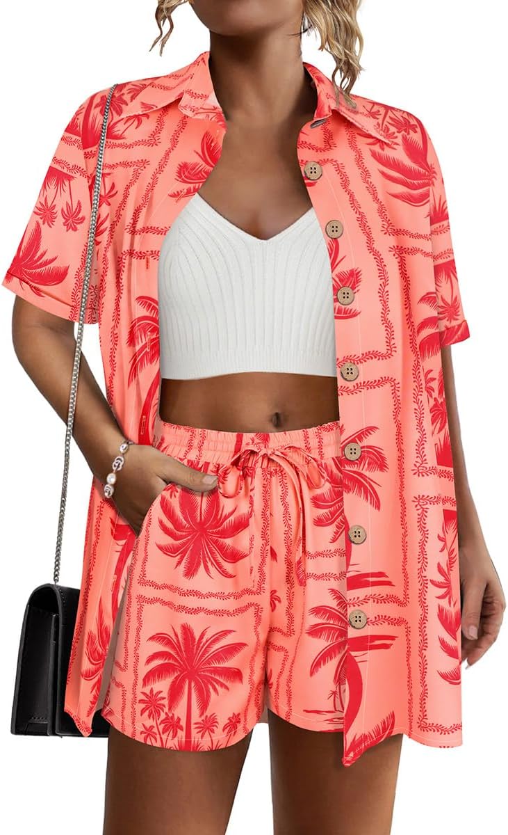 RITERA Womens Plus Size 2 Piece Outfits Cotton Linen Set Button Down Short Sleeve Shirt Drawstring Shorts Beach Vacation Sets