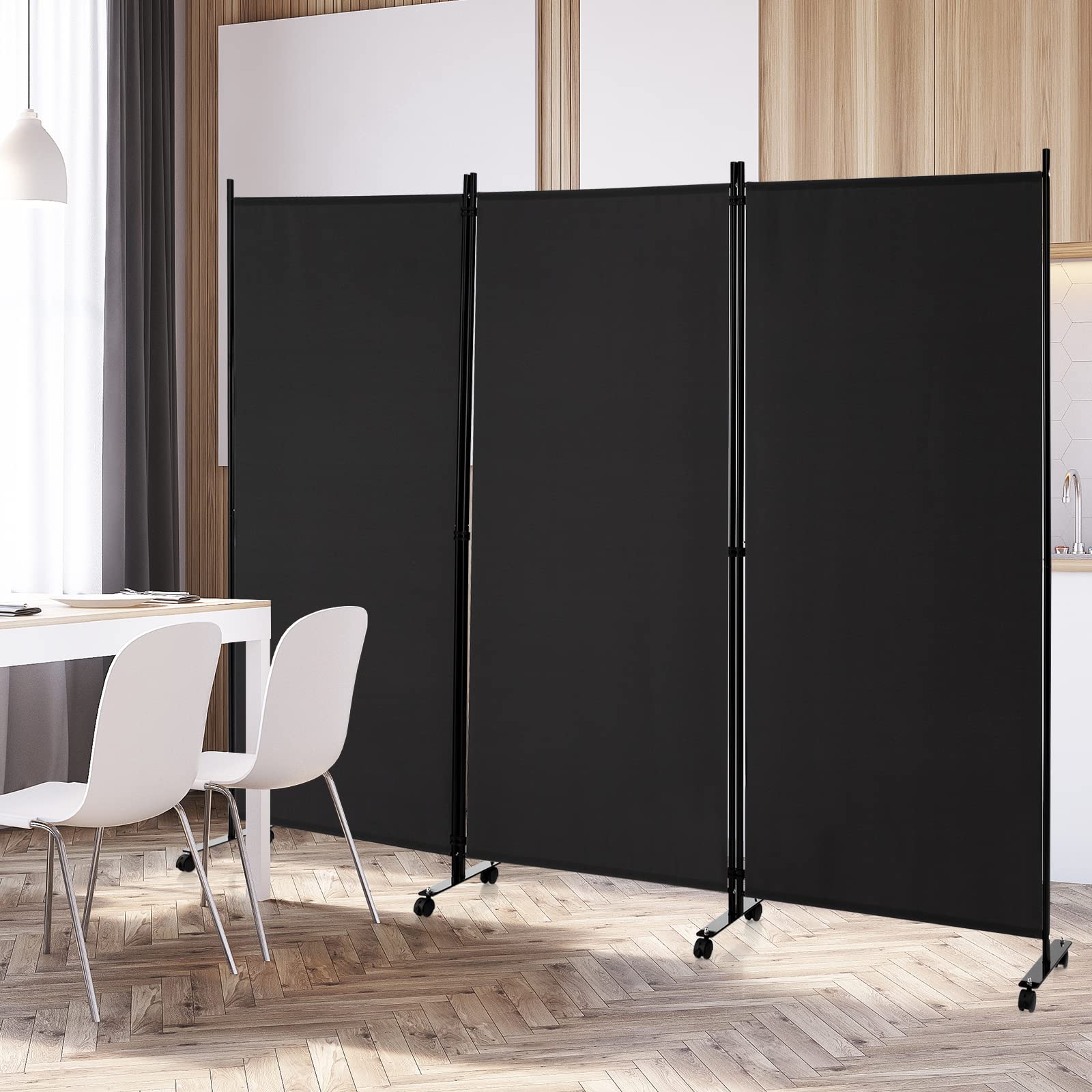 COSTWAY 262x180cm Paravent Intérieur 3 Panneaux à 8 roulettes, Cloison de Separation Interieur Pliable, Cadre en Metal, Tissu Polyester, Separateur de Pieces pour Salon Bureau Balcon (Noir)