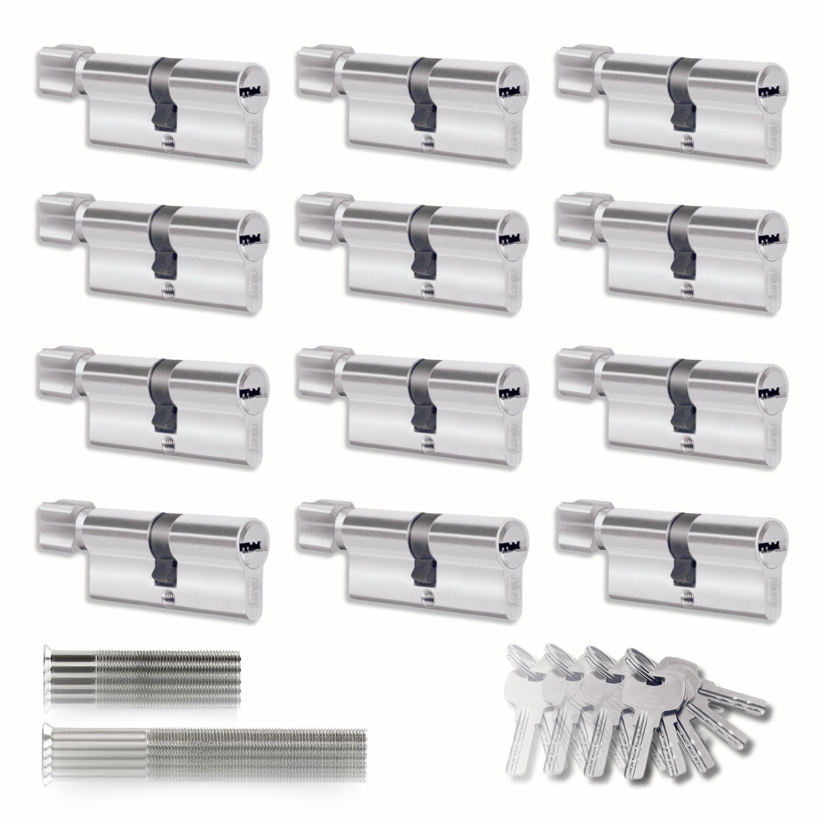 Set of 12 Cylinder for Locks 45/45 mm, Cylinder with Knob, Screws and Keys Included, Easy Assembly, Lock for Doors and Garages, Anti-Drilling, Single Key, Length 90 mm