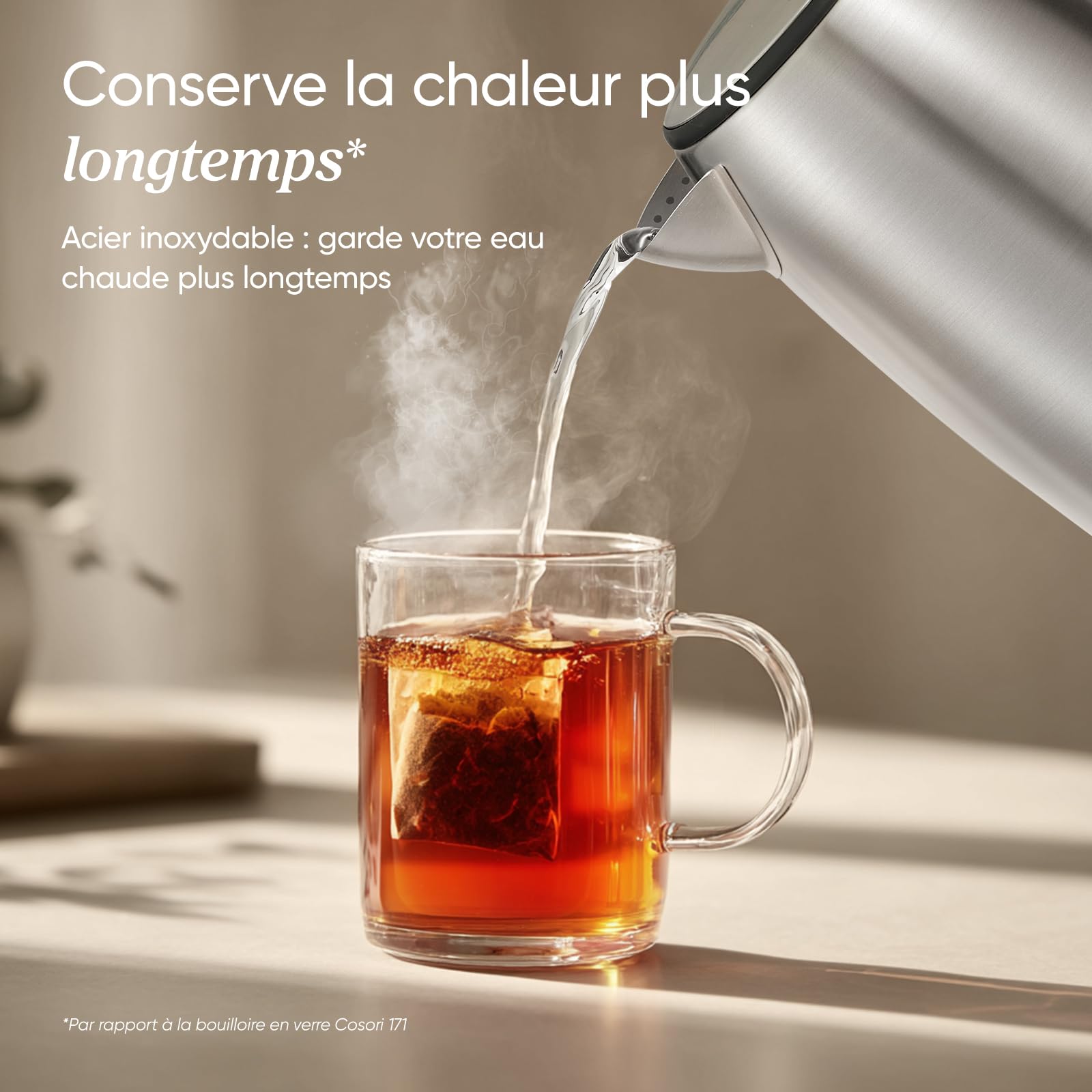 COSORI Hervidor de Agua Eléctrico 1,7L Acero Inoxidable 304, 2200W, Sin Plástico en Contacto con el Agua, Sin BPA, Ebullición Rápida, Termostato Strix, Base 360°, Apagado Automático, Negro/Plata — view 5