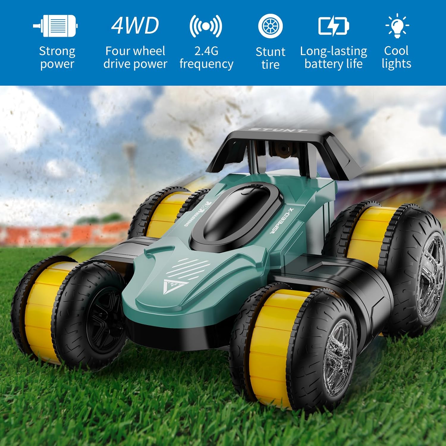 Remote Control Car RC Stunt Cars Toy Gifts - High-Speed Drift 360 Flips Four-Sided Driving Rotating Twist 4WD Offroad Vehicle for Kids Boy Girl Birthday Presents Ages 5 6 7 9 10 11 12 Years Old Green - Image 7