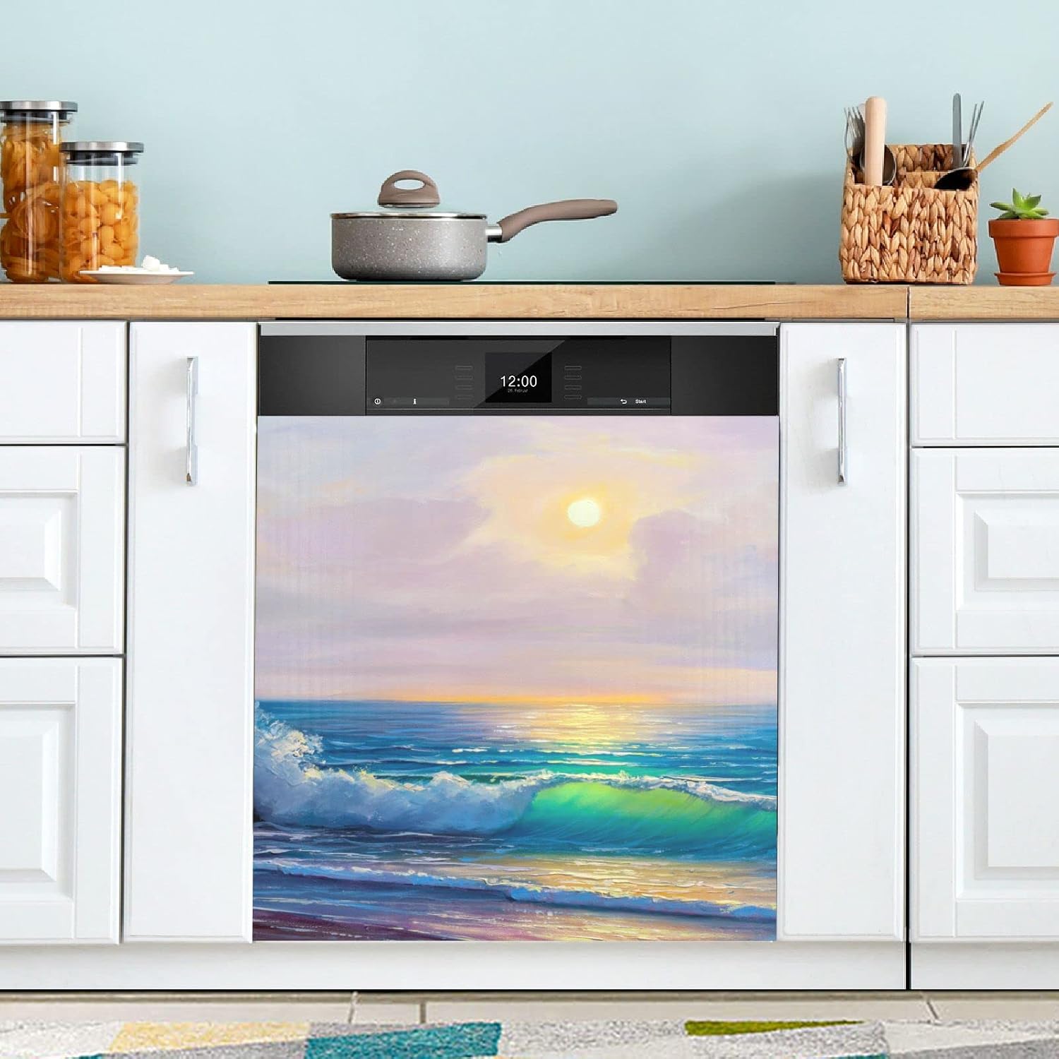 Naanle Dishwasher Magnet Cover Oil Painting Ocean Sunrise Front Dishwasher Cover Magnetic Home Cabinet Decals Appliances Stickers Refrigerator Decorative 23" x 26" Yellow 20