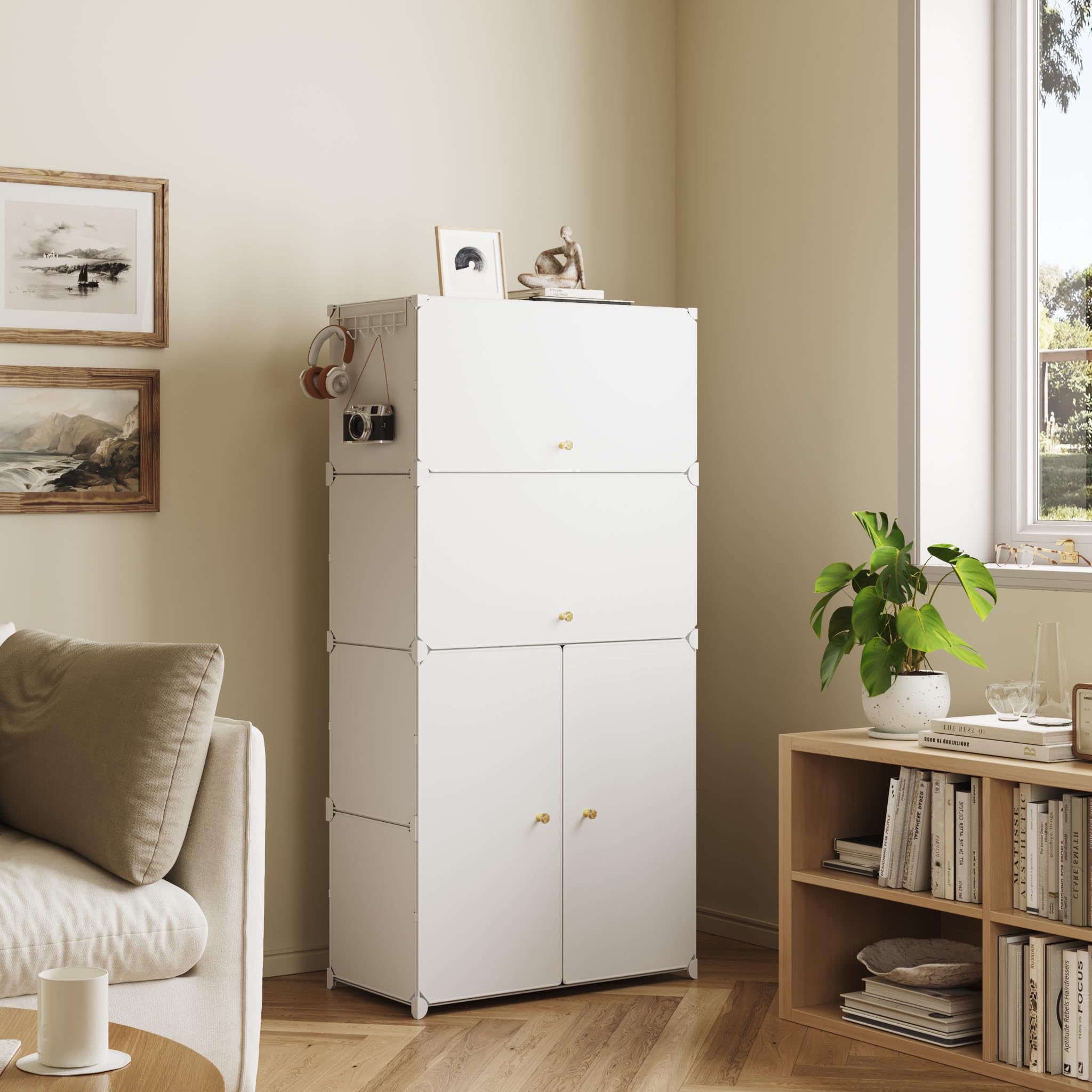 Mondeer Étagère à Chaussures 8 Niveaux, Étagère de Rangement Modulable avec Porte en Plastique, pour Couloir Chambre Salon, 30 x 60 x 138 cm (Blanc)
