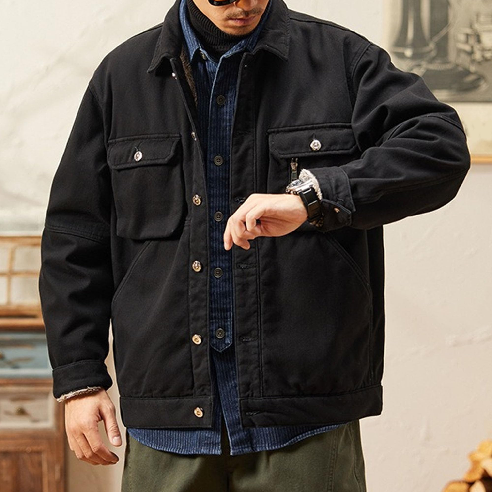 Giacca da lavoro da uomo, calda, foderata in sherpa, con tasche | Fodera in pelliccia sintetica, esterno in denim spesso, cappotto da camionista con colletto con risvolto