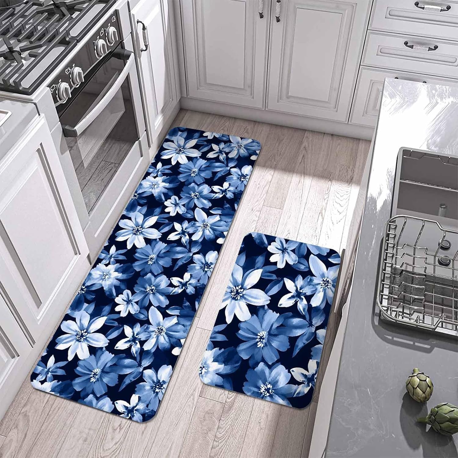 Prime Leader White Navy Kitchen Mat Set 2 Pieces Blue Daisy Watercolor Blooming Floral Botanical Non Slip Kitchen Rugs Washable Runner Rug Mats for Sink Laundry (15.7" x 23.6"+15.7" x 47.2")