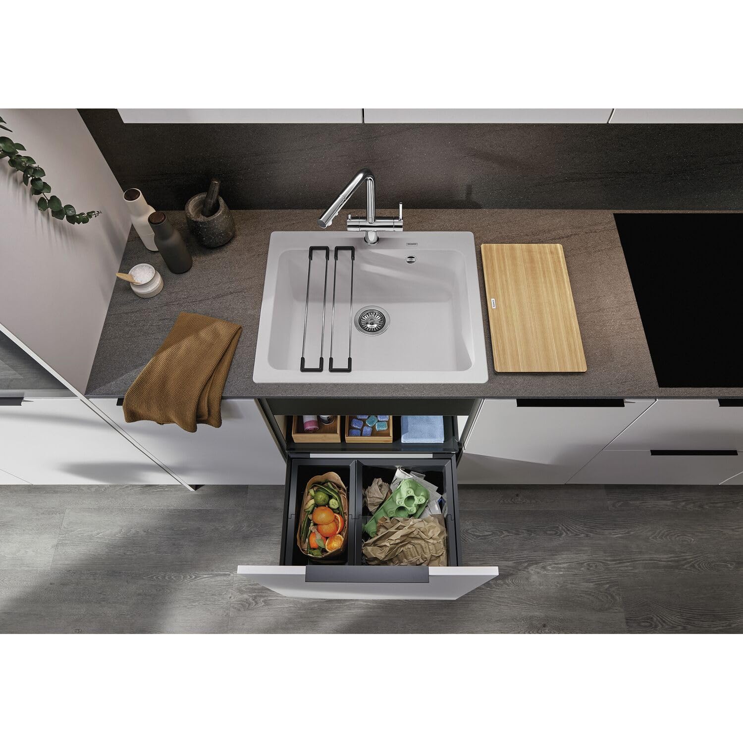 BLANCO FLEXON II 60/2 | Abfall Müllsystem | für 60 cm breite Unterschränke | zum Einbau in Schubladen | 1 x 30 Liter und 1 x 19 Liter Eimer | Minimale Einbauhöhe: 355mm | [56,2x40x37,1 cm]