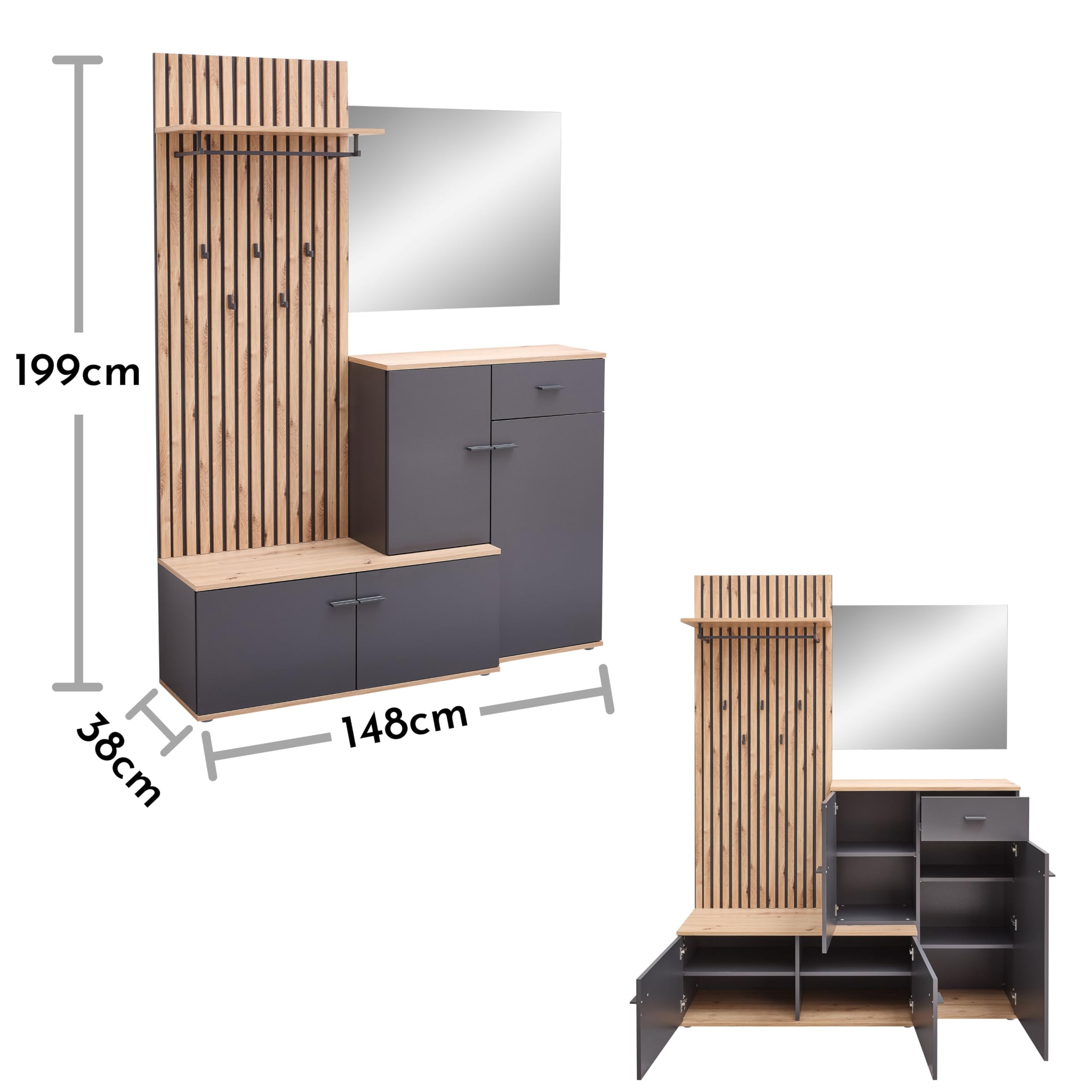 Fynn Flurgarderoben Set Anthrazit Artisan Eiche Optik Kompaktgarderobe mit Spiegel 148 x 199 x 38 cm