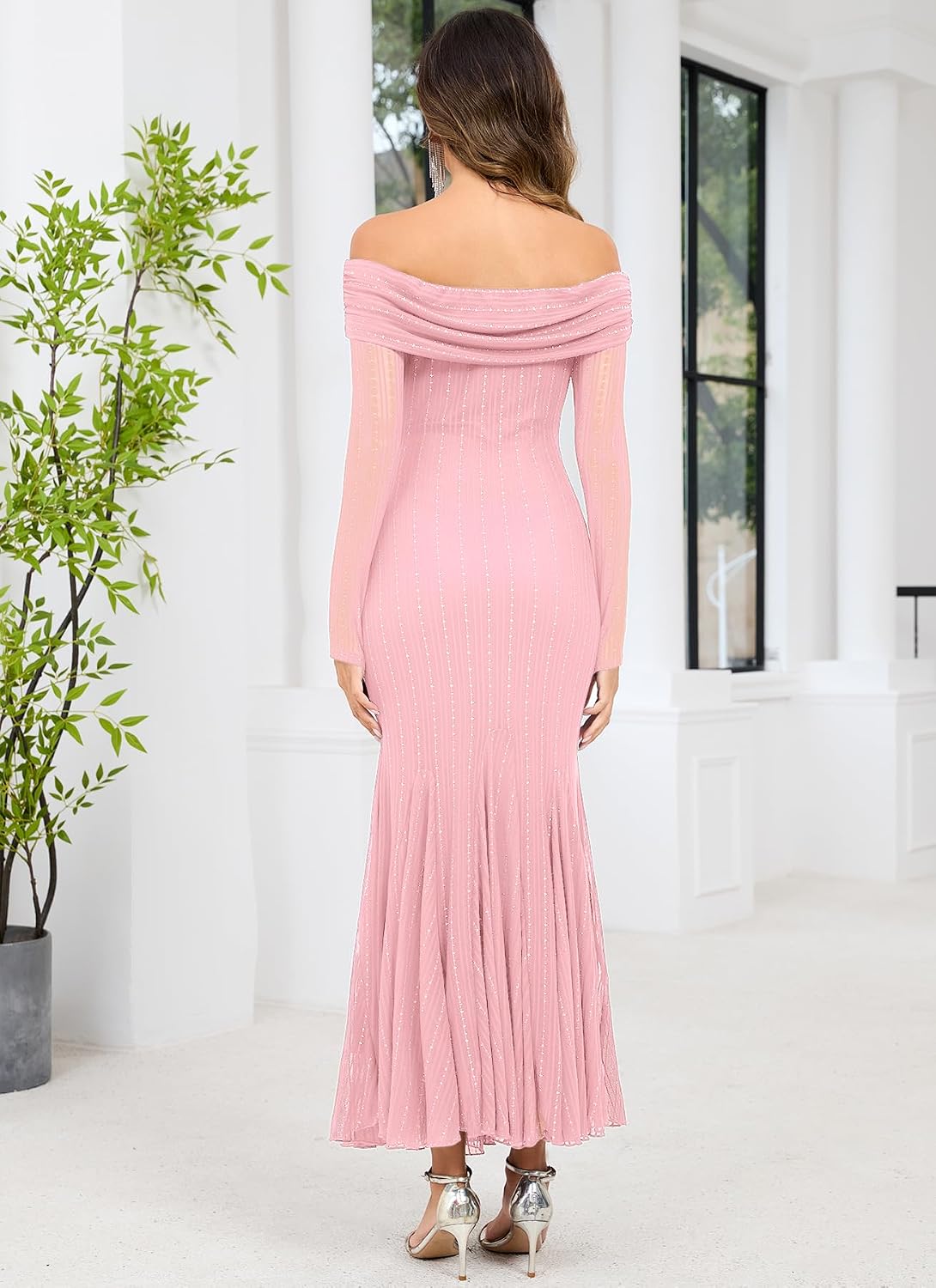 CYCLAMEN Sparkly Maternity Dress for Baby Shower Off The Shoulder Long Sleeve Mermaid Pregnancy Gown with Flowy Tail Hem