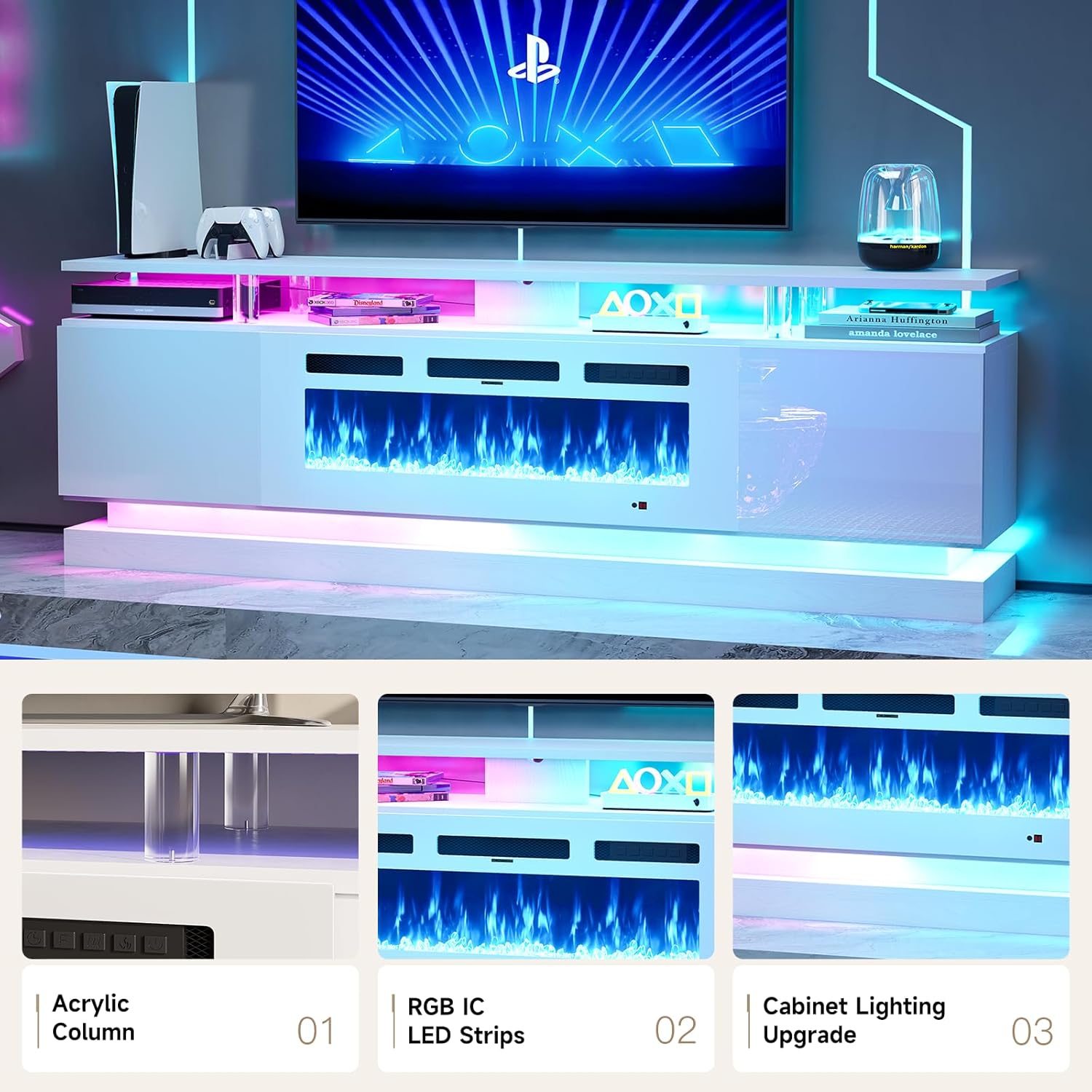 Close-up showing the acrylic columns, RGB IC LED strips, and cabinet lighting upgrade features of the TV stand.