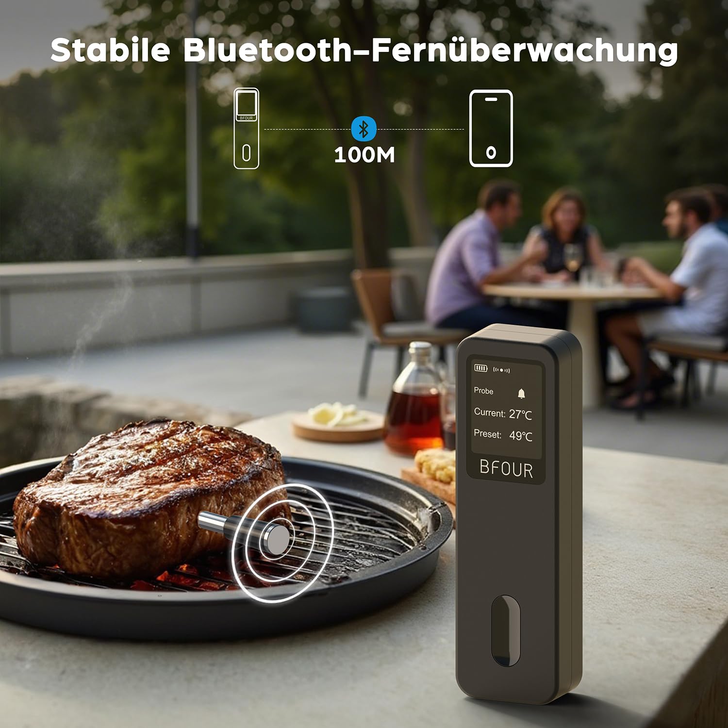 BFOUR Fleischthermometer kabellos,Smart Bluetooth Grillthermometer,Doppelalarm,App-Überwachung,IP67 wasserdicht,Backofenthermometer für BBQ, Grill, Backofen,Smoker, Rotisserie