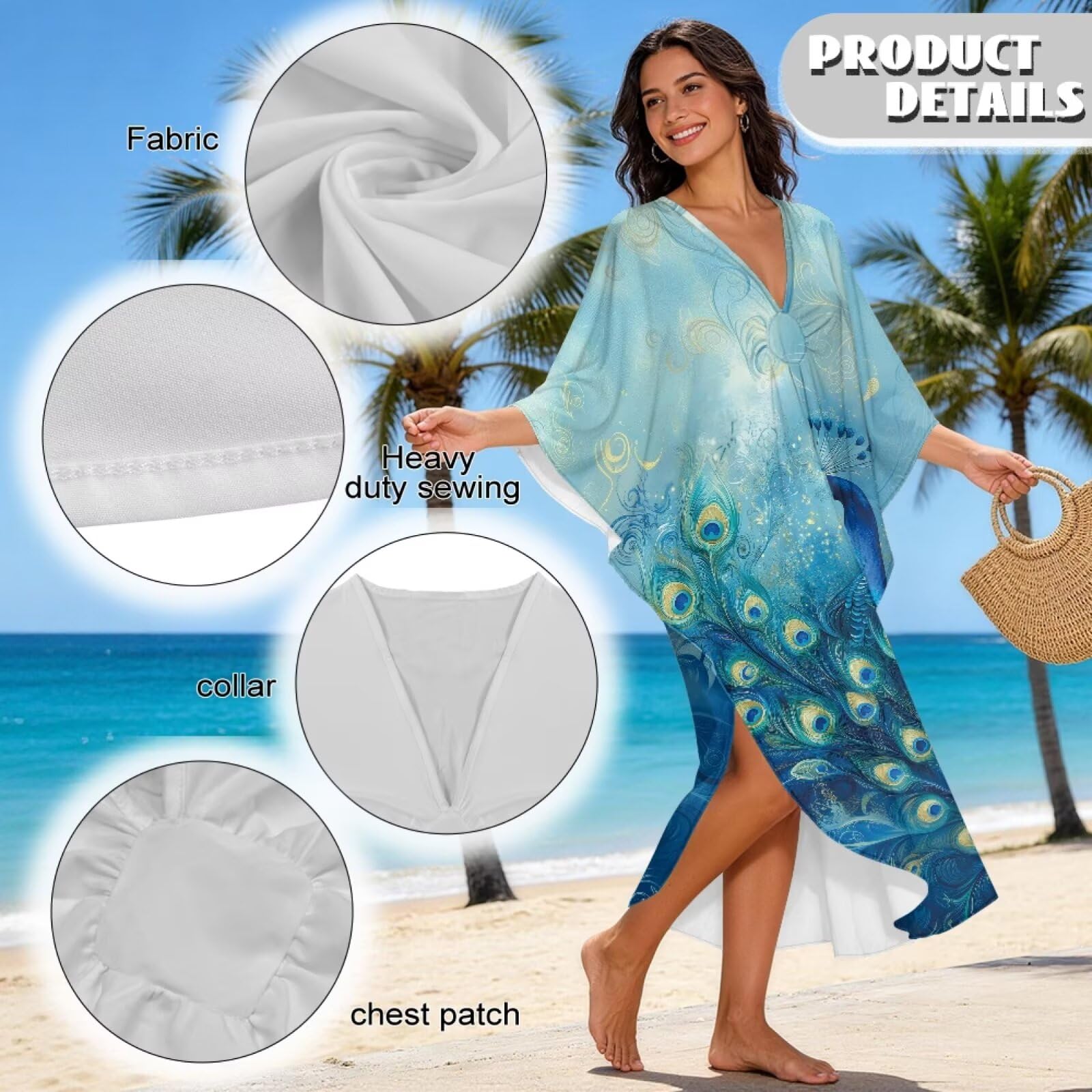 Poceacles Sukienki kaftan dla kobiet z rozcięciami po bokach strój kąpielowy okrycie z nadrukiem kaftan letnia sukienka boho na tropikalne wakacje