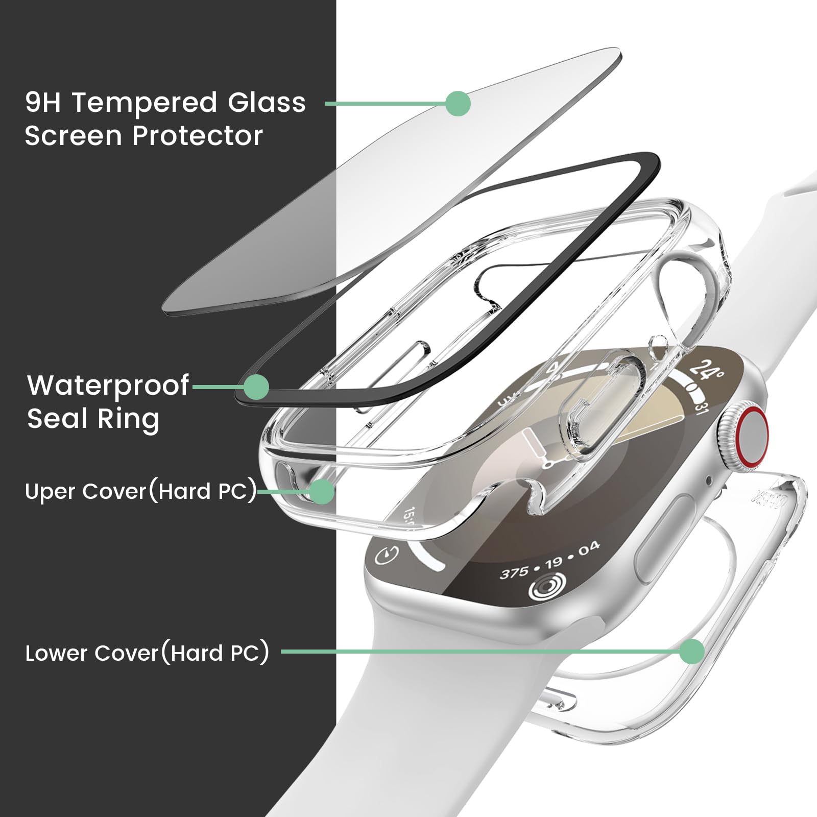 3-in-1 Goton wasserdichte Hartschale für Apple-Watch-Displayschutzfolie, 41 mm, 360° schlank, vollständiger Schutz aus gehärtetem Glas und Rückseite aus hartem Polycarbonat, für iWatch Serie 9/8/7, 41