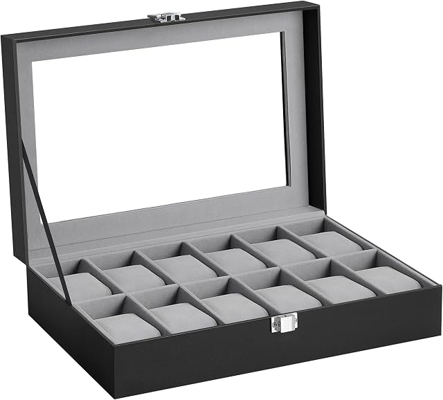 SONGMICS Watch Box with 12 Slots, Watch Case with Glass Lid, Watch Display Box with Removable Watch Pillows, Metal Clasp, Gift Idea, Black Synthetic Leather, Grey Lining JWB12BK