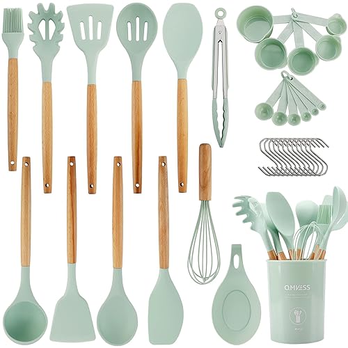 QMVESS Silicone Kitchen Utensils Set, 35 Pcs Non-Stick Cooking Utensils Set, Sturdy Insulation Wooden Handle Kitchen Accessories for Cooking with Spatula Set and Spoons Set Gadgets (Light Green) - Light Green