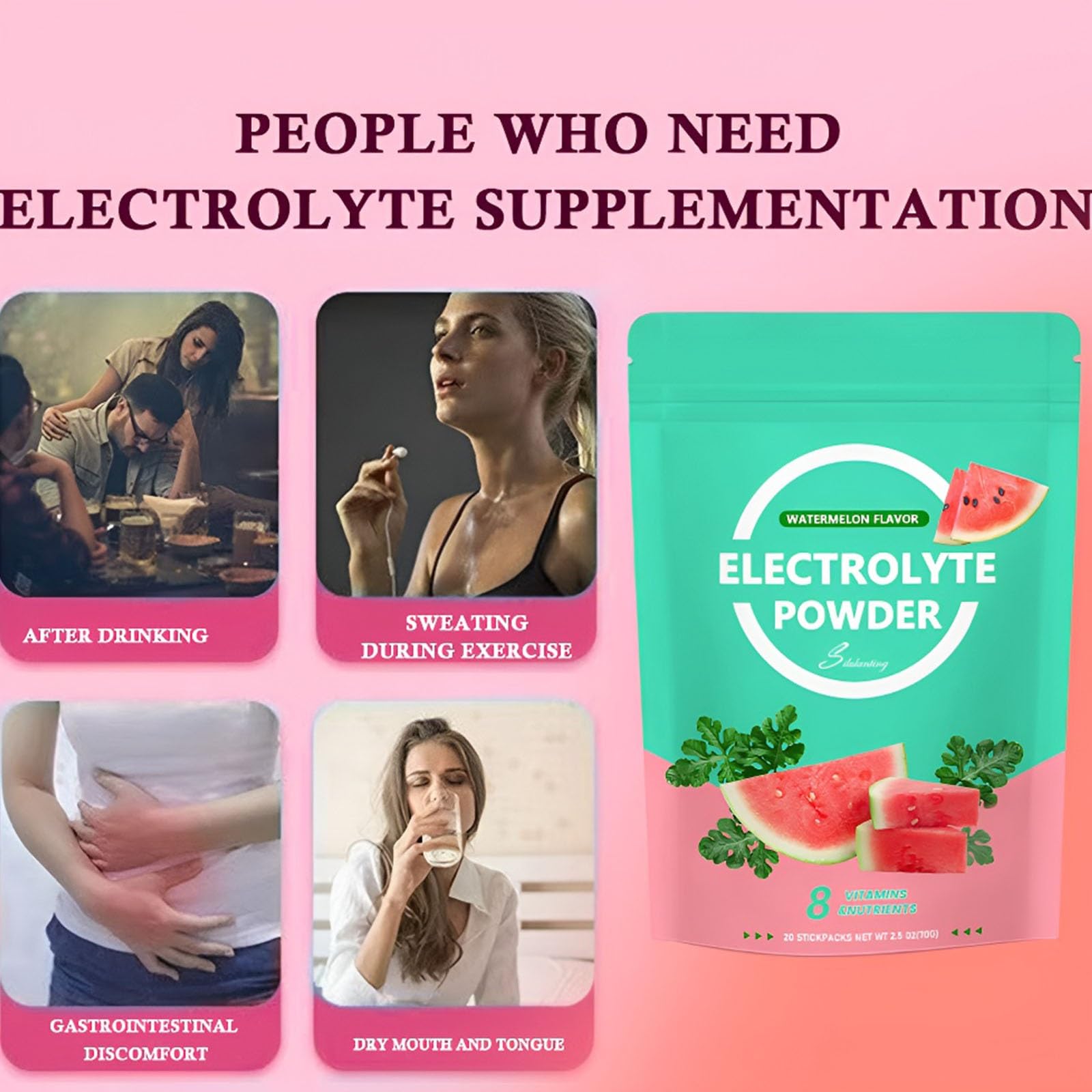 Polvo De Electrolitos De Sandía, Mezcla De Hidratación Energizante, Bebida Deportiva De Disolución Instantánea(3PC)