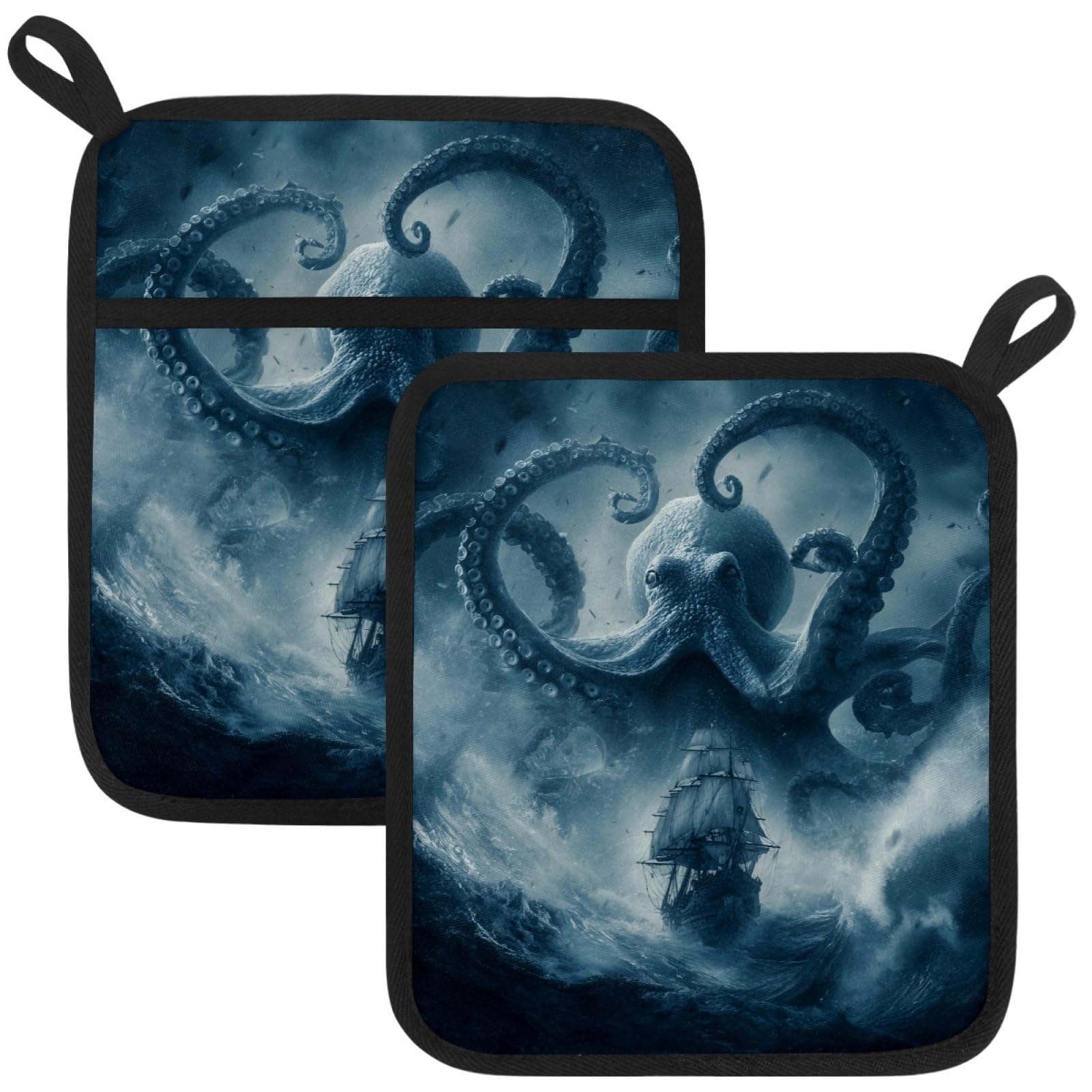 VAPOKF Octopus Pot Holders with Pocket for Kitchen Heat Resistant Potholders Large Polyester-Cotton Square Oven Mitts Set