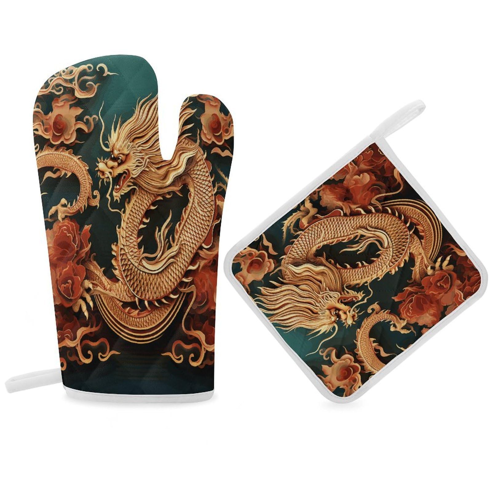 Fodpand Women's Style Dragon Chinese Background Oven Mitts And Pot Holders Sets,Oven Gloves For Kitchen Oven Mitts And Potholders For Baking Cooking Grilling Apartment Essentials