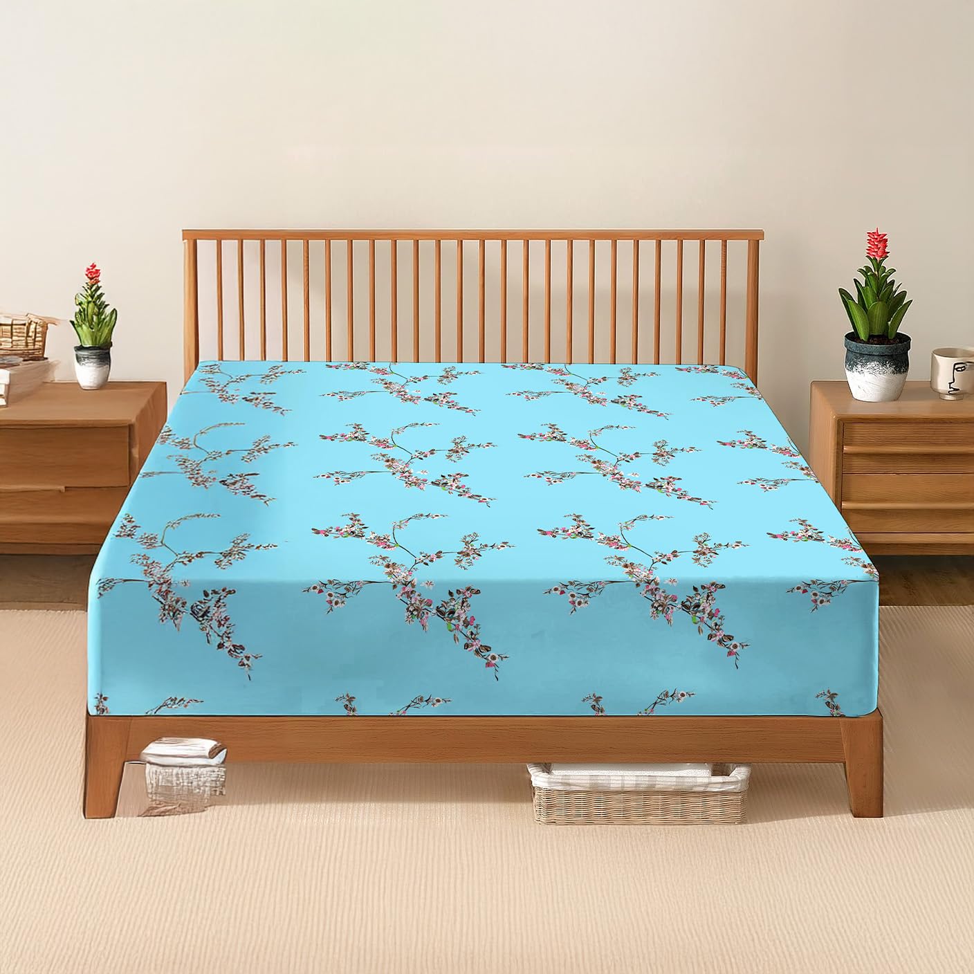 DANYDude 100% Egyptian Cotton Floral Printed Double Fitted Sheet 400 Thread Count Fitted Sheets Double Soft & Machine Washable 30cm/12” Extra Deep Fitted Bed Sheets Room Decor — image 1