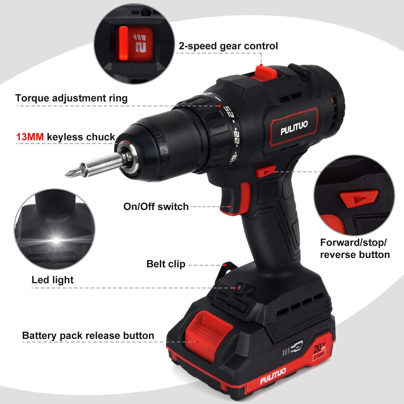 Conducteur de perceuse sans fil PULITUO avec batterie, perceuse électrique sans balais de 20V, perceuse électrique (60N·m, 25+1 couple réglage /2000mAh/2 vitesse Variable）