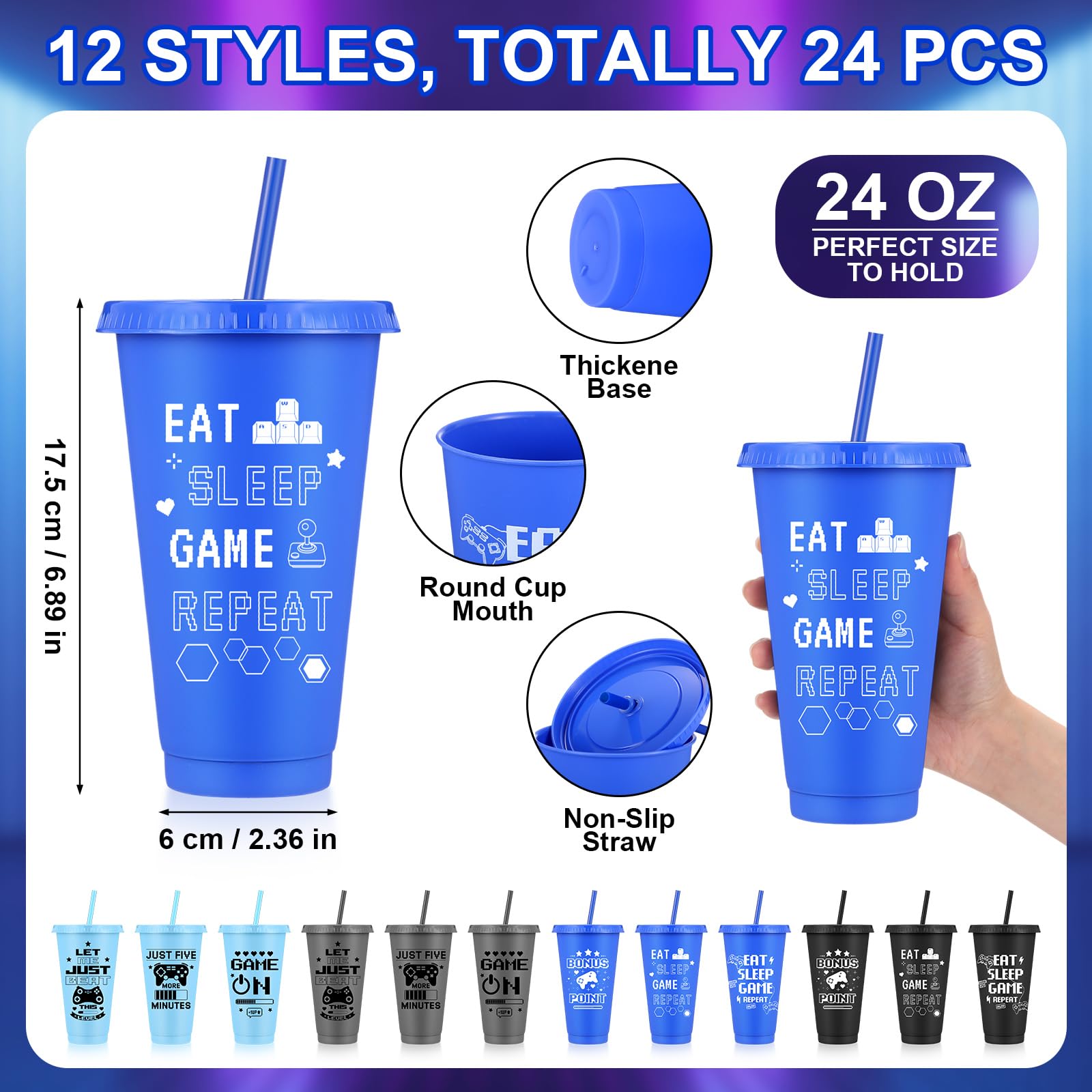 Jingmore Juego de 24/48 piezas de recuerdos de fiesta de videojuegos incluye vasos de plástico de videojuegos de 24 onzas con tapas y pajitas y pulseras de silicona, vasos de plástico reutilizables