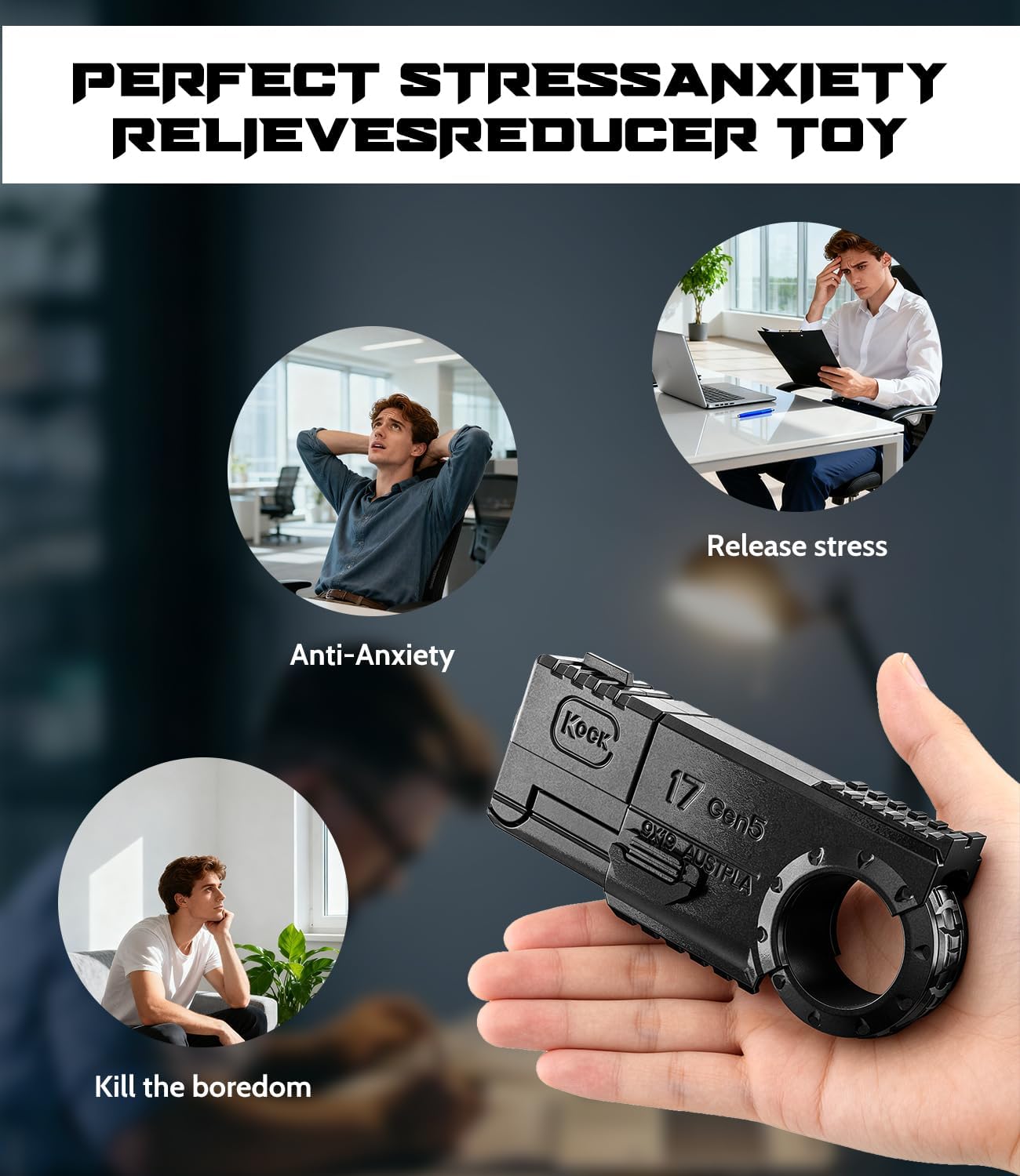 ATESSON Fidget Gun Toy Metal Smooth Shooting + Fidget Ring for Anxiety Stress Relief Boredom EDC ADHD Office Cool Gun Fidget Toys Adults Men Black