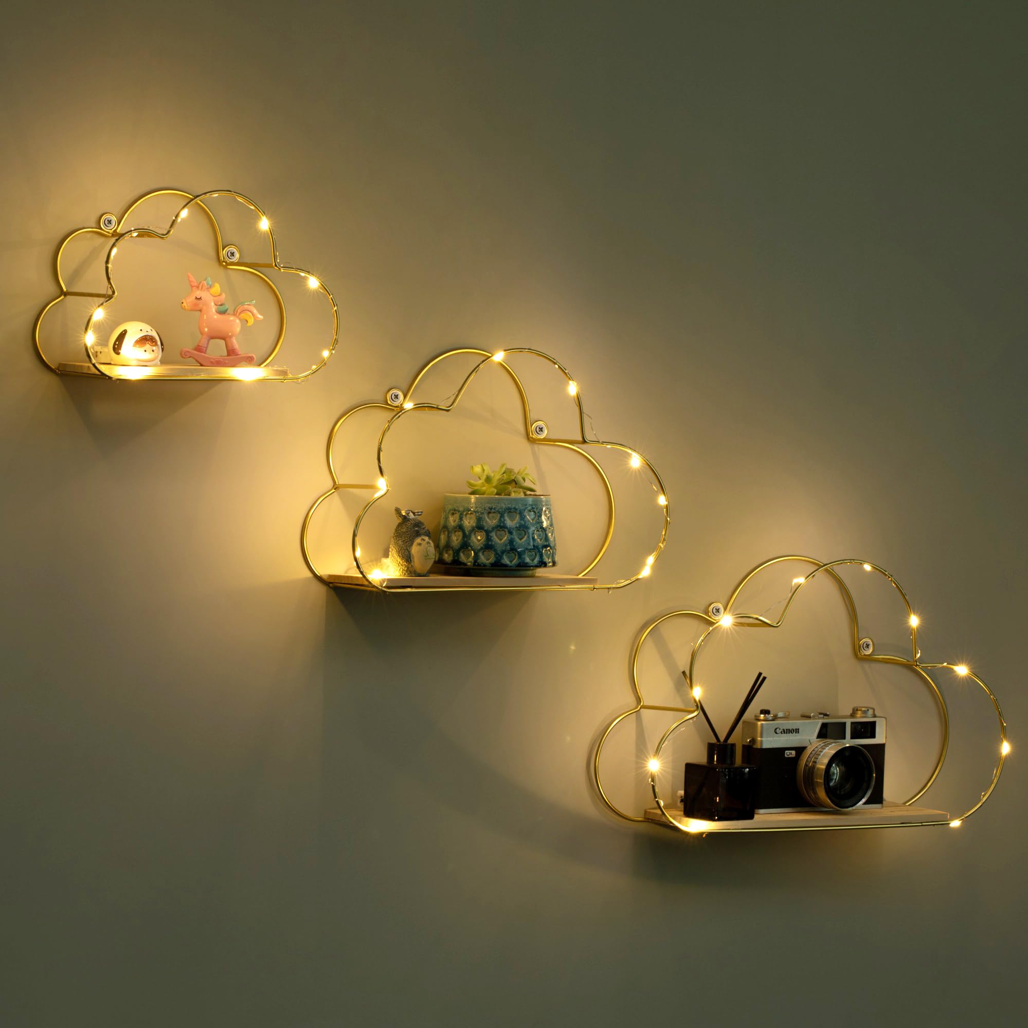 LODIKESet of 3 Cloud Shape Floating Shelves with LED Lights Wall Decor,Gold Metal Wire and Wood Wall Mounted Large Space Storage Shelf Decorations for Home Bedroom Living Room