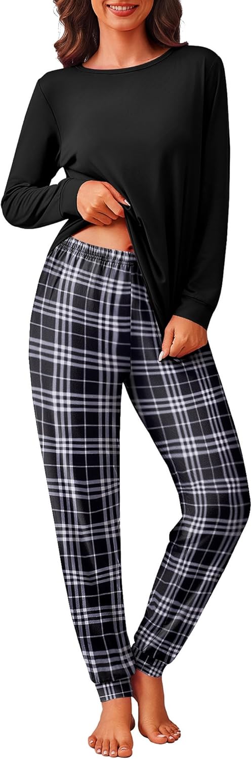 Ekouaer Damespyjama, zachte pyjamasets, top met lange mouwen en geruite pyjamabroek met manchetten en zakken, loungewear sets S-XXL, 5-roze, XL Ekouaer Damespyjama, zachte pyjamasets, top met lange mouwen en geruite pyjamabroek met manchetten en zakken, loungewear sets S-XXL, 5-roze, XL