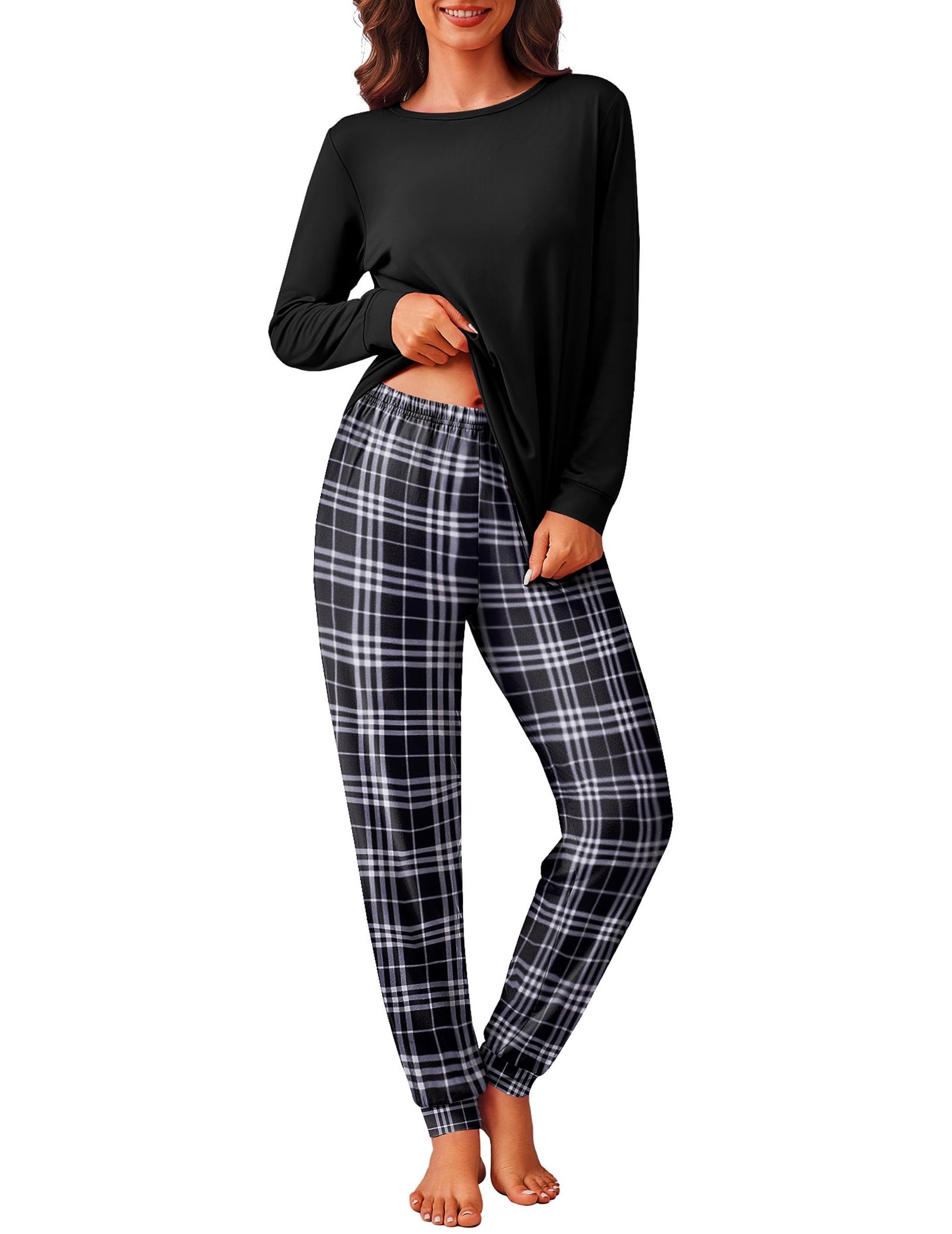 Ekouaer Womens Pyjamas Soft Pjs Sets Long Sleeve Top and Plaid Pyjama Bottoms with Cuffs a...
