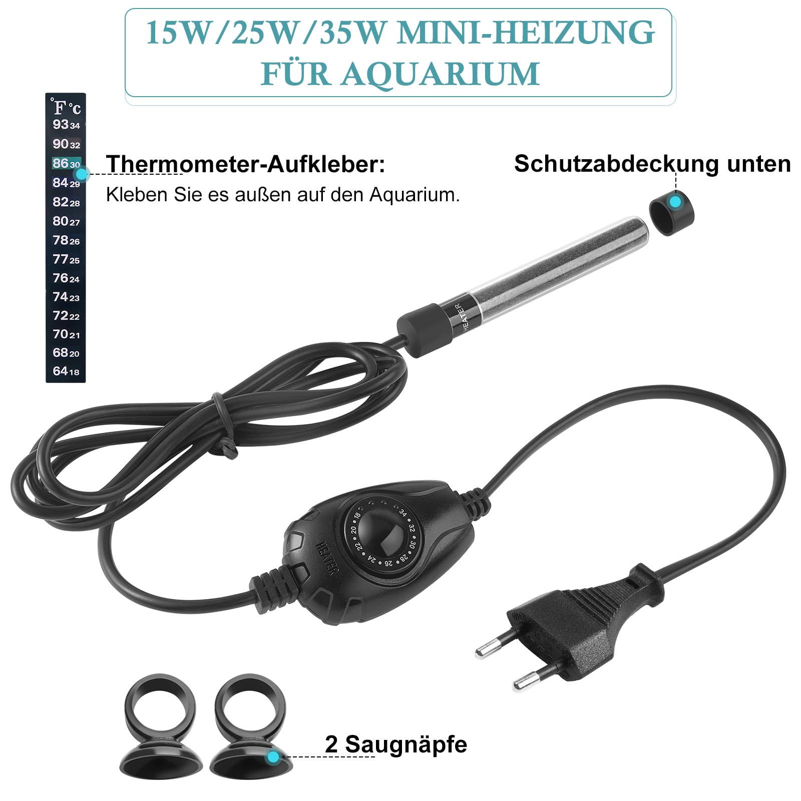 FEDOUR Mini Aquarium Heizung 15W 25W 35W Tauchbare Heizstab für 1-30L Aquarium mit externem Temperaturregler