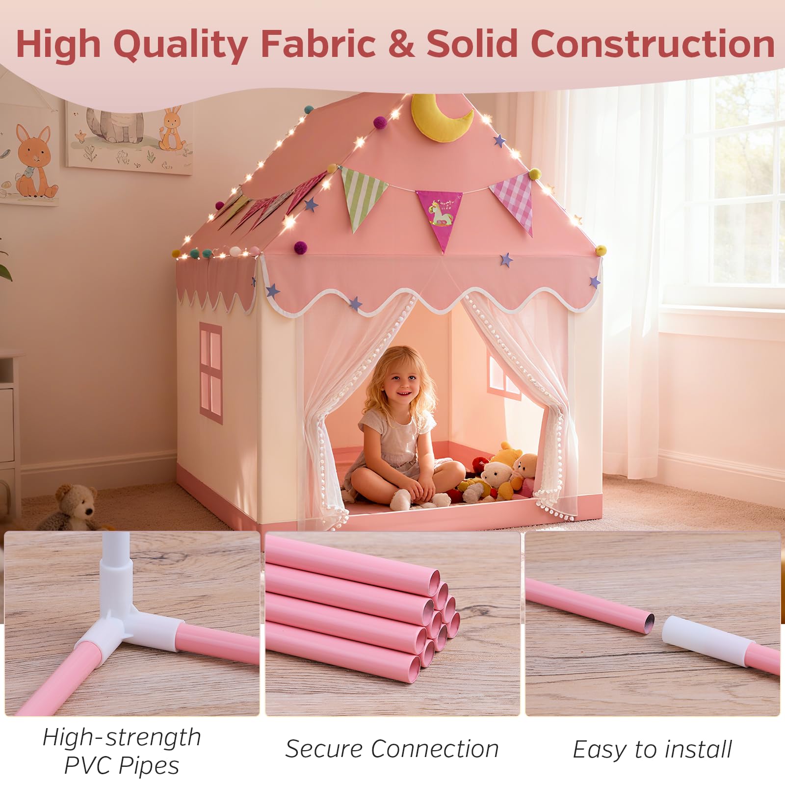 2 IN 1 Kinderzelt, Spielzelt für Kinder mit LED-Lichtern und Dekoration, Spielzelt für Drinnen,Kinderspielhaus in Form eines Hauses,Kinderzelt Spielhaus Kinder Indoor