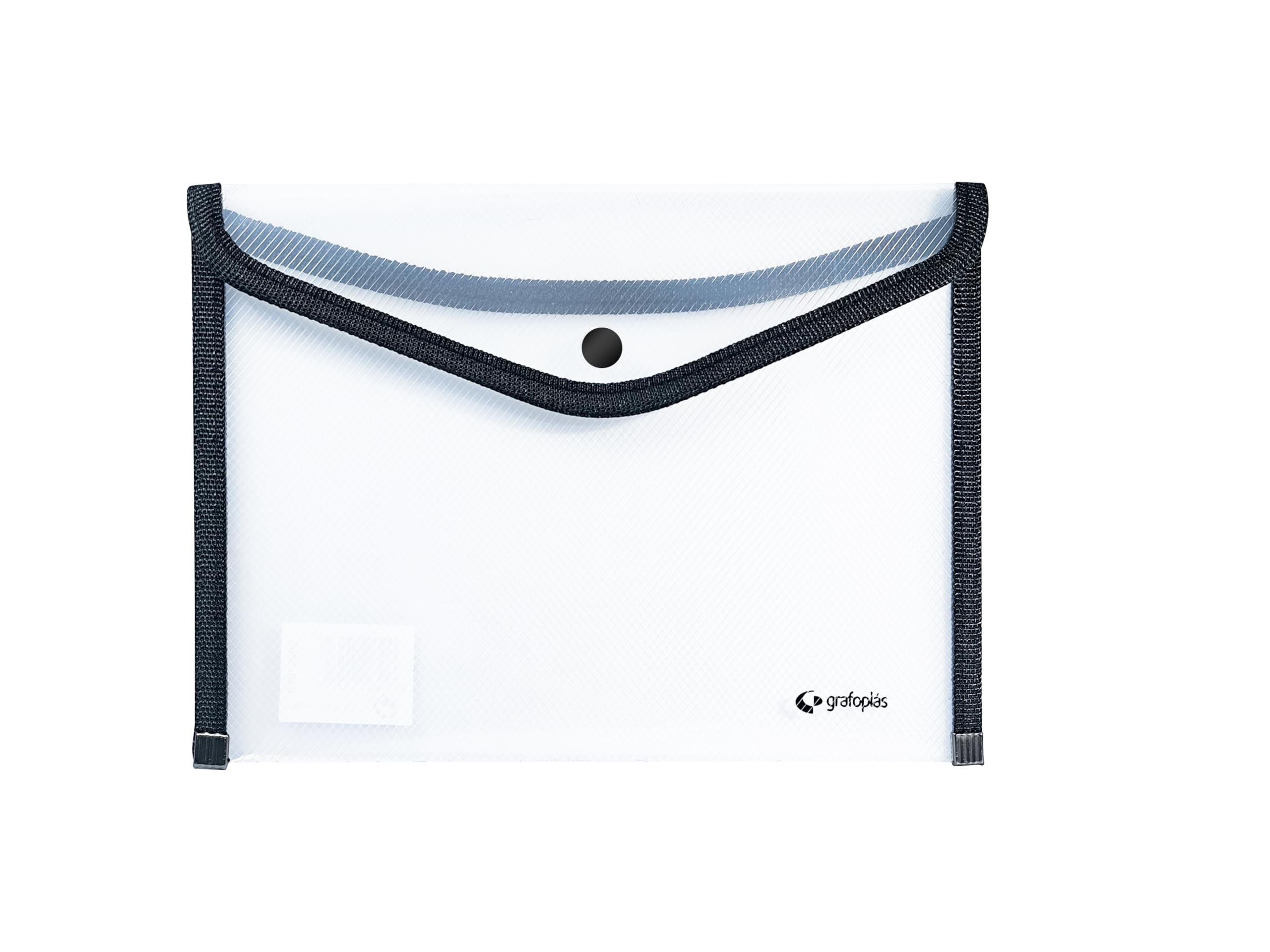 Grafoplas - 4 Sobres Portafolios Plastico Tamaño Cuarto con Cierre Botón, Ribete Tela, 24,5x17,5cm, Incoloro Traslúcido Borde Negro, Para Documentos Pequeños A5, Perfecto como Portafolios en Oficina
