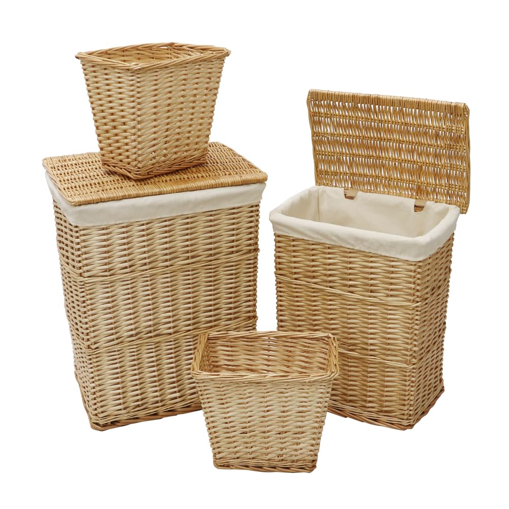 JVLHand Woven Acacia Set of 2 Rectangular Laundry Willow Baskets with 2 Waste Paper Baskets, Honey Finish