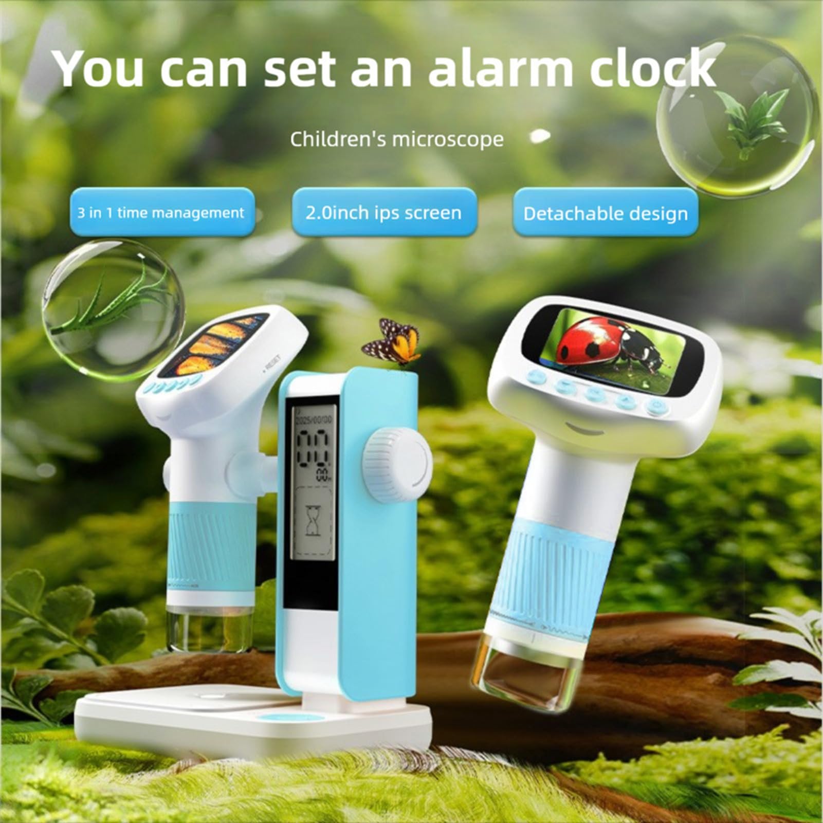 Kit microscopio per Bambini Microscopio Digitale Portatile 1080P HD con Supporto per Schermo da 2,0" Giocattolo educativo scientifico Portatile 2 in 1 con Timer Luce LED Blu CM5