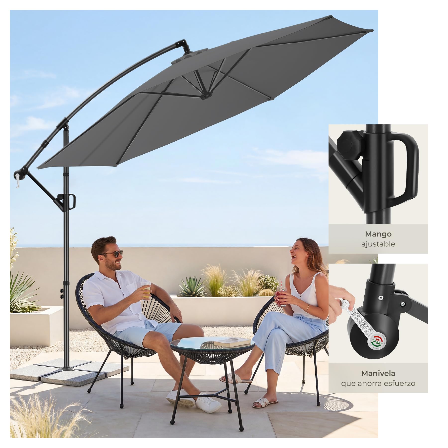 tectake® Sombrilla Terraza Exterior con Manivela Inclinación Regulable, Parasol Terraza Exterior con Doble Techo y Funda Protectora, Sombrillas Jardin Grandes, Muebles Jardin - 3 x 3 m