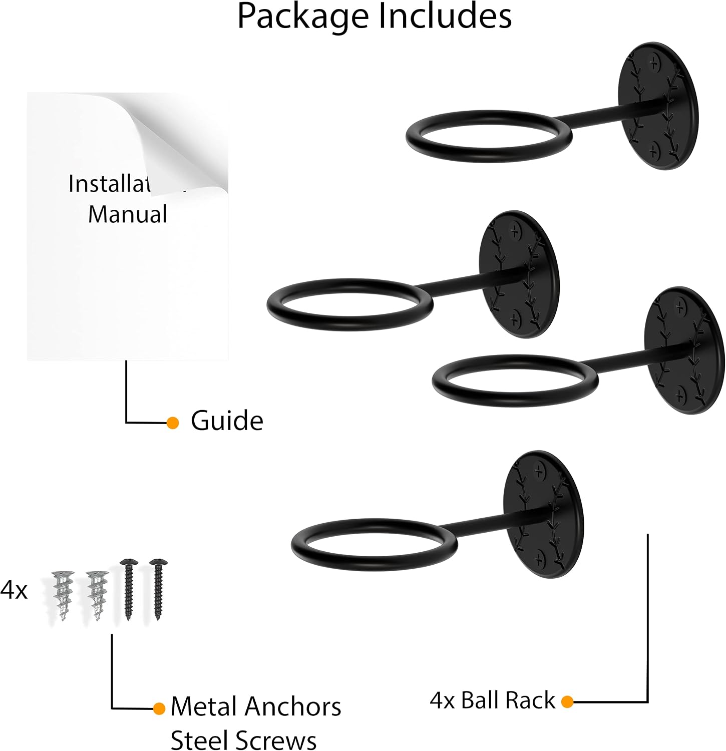 Wallniture Sporta Baseball Bat Rack and Ball Storage, Wall Mounted Ball Holder Organization and Storage Rack Set of 4 Metal, Black