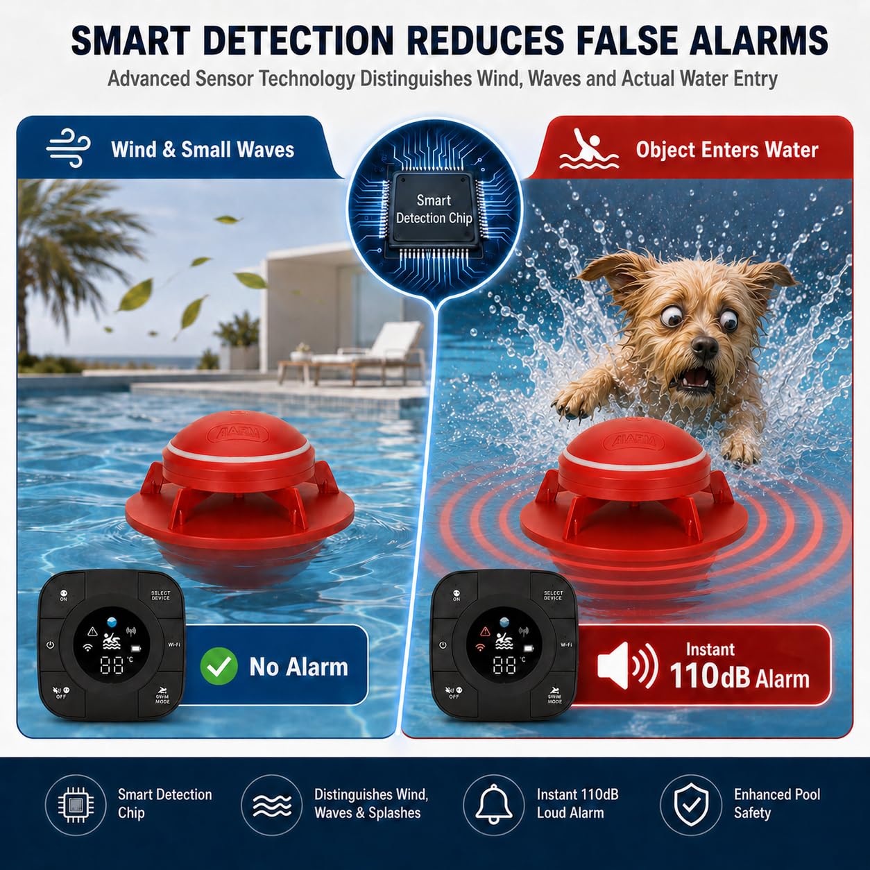 Alarme intelligente de piscine avec alertes d'application pour piscines creusées et hors sol, conforme à la norme ASTM F2208, alarme de sécurité flottante de 110 dB et plus, couvre 6,1 x 12,2 m