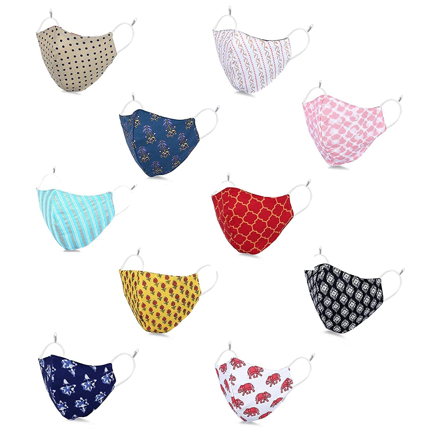 MAPLE Cotton Face Mask for Women Men (Multicolor, Random Mix Design Rajasthani Sanganeri Print Washable Reusable 3 Layers of Cloth With Adjustable Elastic Loop