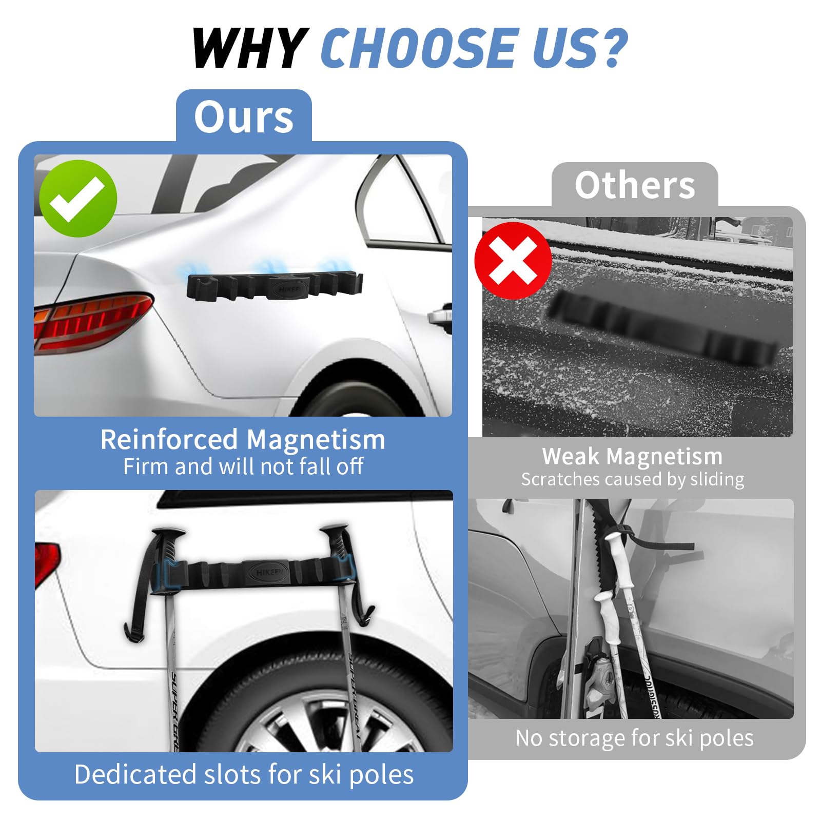 BOOSTEADY Portasci e Tavole da Snowboard Magnetici per Auto, Supporti Antiribaltamento con Protezione Vernice, Fino a 4 Paia di Sci o 2 Snowboard + 2 Bastoncini