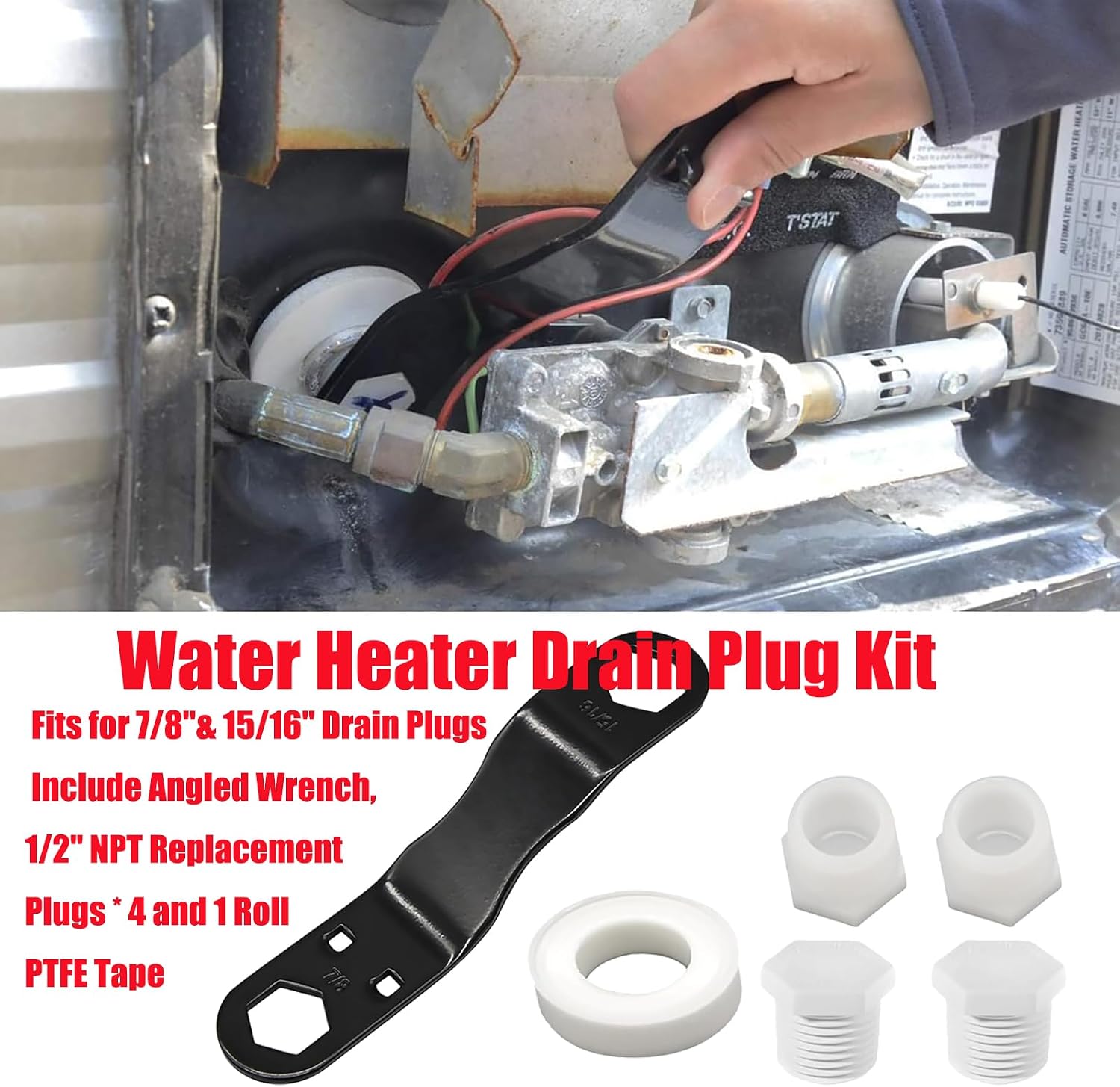RV Water Heater Drain Plug and Wrench Kit, for RV & Camper Water Heater Drain Plugs,Fits for 7/8" &15/16" Drain Plugs Include 1Pcs Angled Wrench 4Pcs 1/2" NPT Replacement Plugs and 1 Roll PTFE Tape