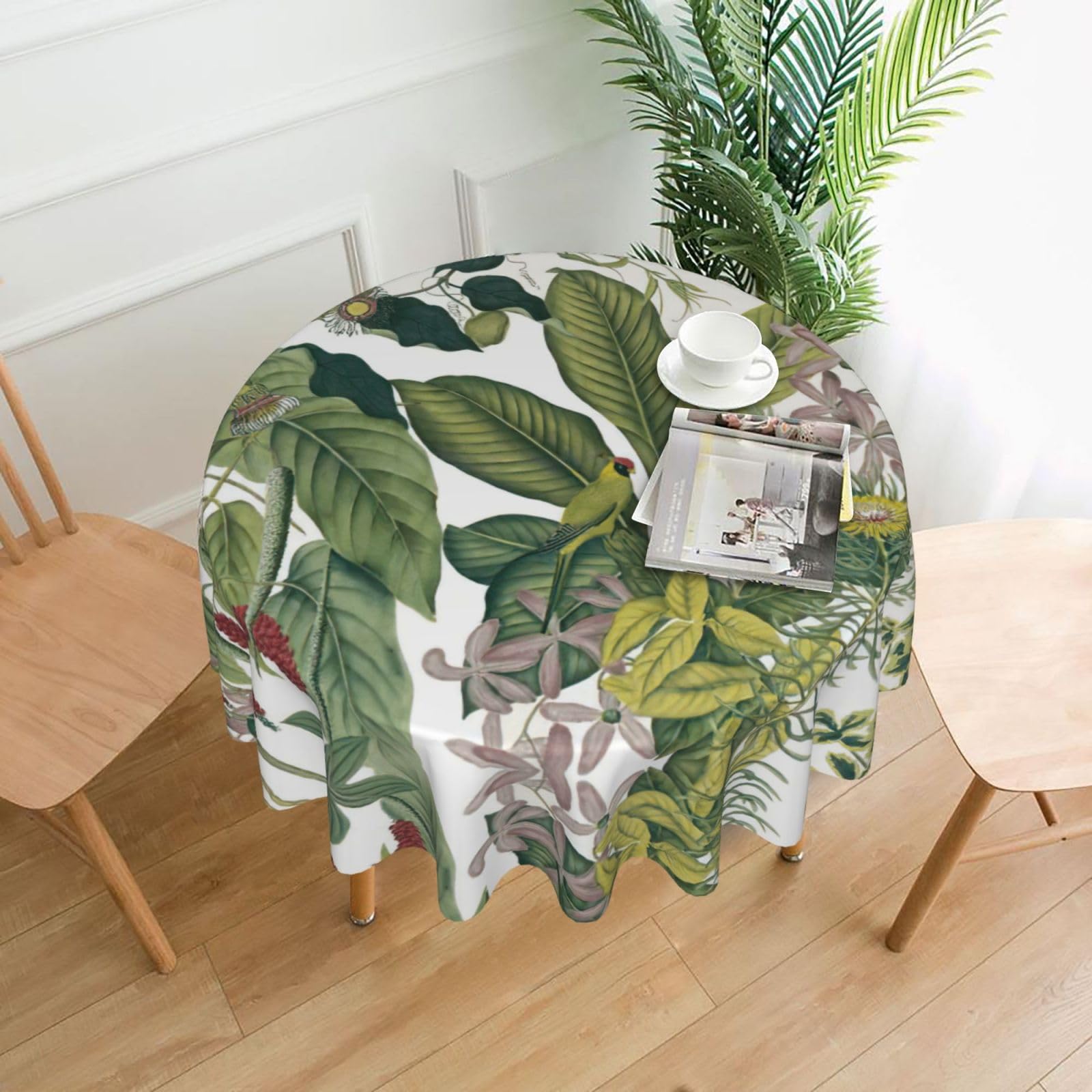 Zcmkjlg Tropical Flower Leaf Parrot Print Quick Ship Round Tablecloth 60in Polyester Washable Cover for Dining Room