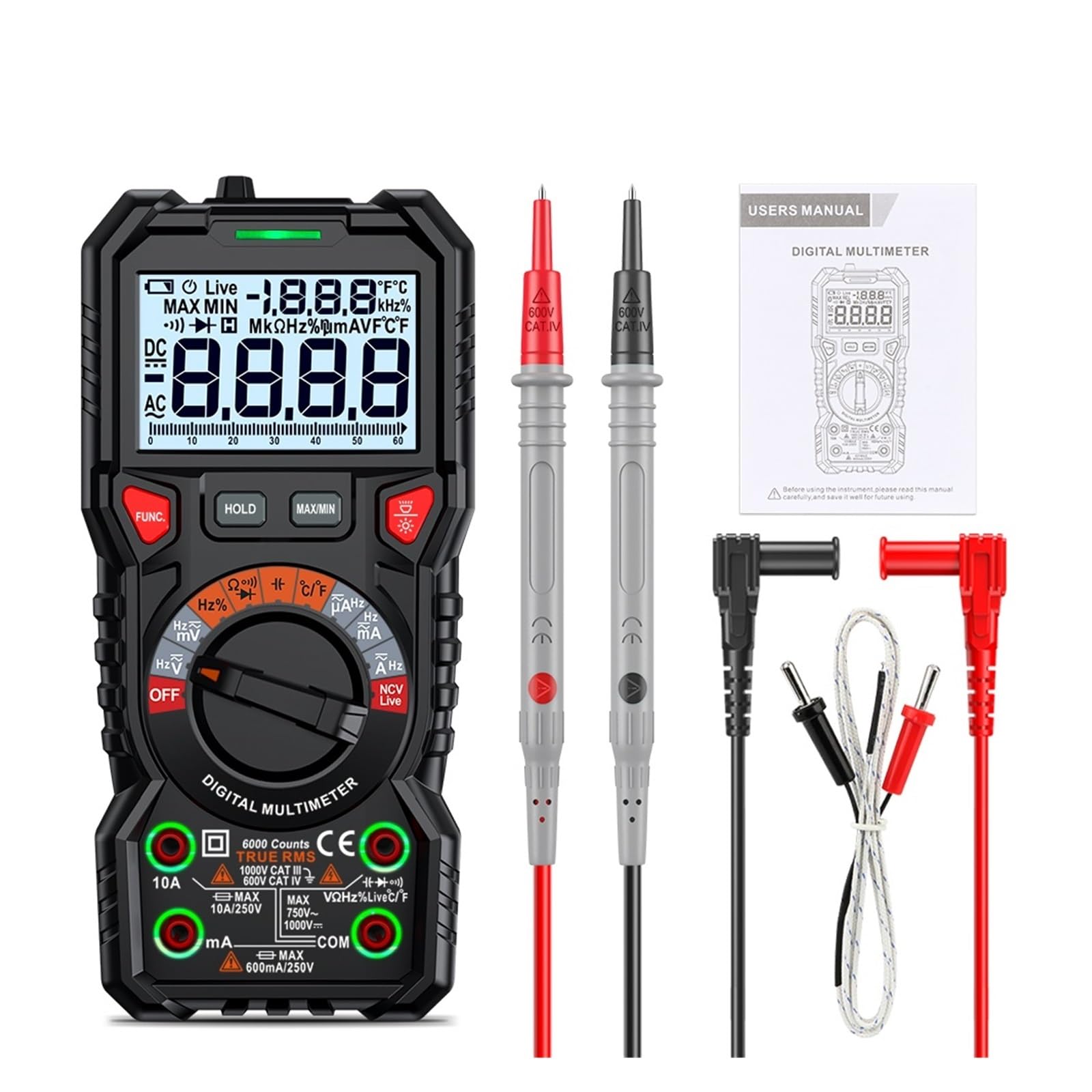 Multimetr Cyfrowy 20000 Zlicza True NCV Multimetry Tester Próbnik Elektroniczny Voltimetro Miernik Pojemności Szybko Dokładnie Łatwy Odczyt(118A)