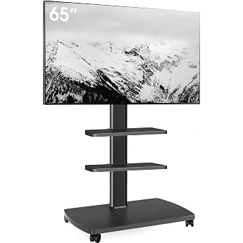 AOKCOS TV Stand Rollable with Wooden Shelf 2 Shelves TV Stand on Wheels for 32-65 Inch TV TV Floor Stand Height Adjustable Rotatable up to 40 kg Max. VESA 400 x 400 mm Black