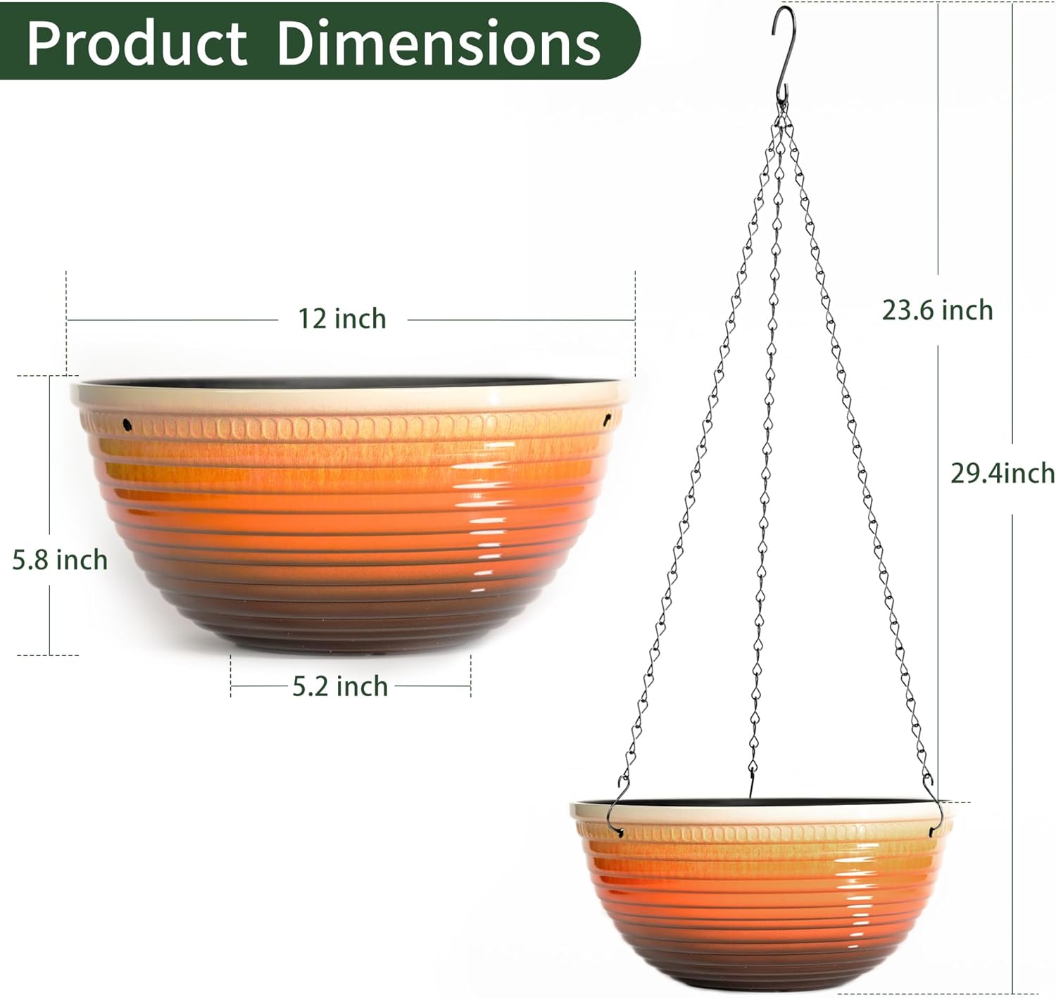 Vanslogreen 12 inch Hanging Planters for Indoor Outdoor Plants, 2 Pack Large Hanging Flower Pots with Drainage Holes and Chain, Glazed Hanging Baskets for Home Garden Decoration, Orange