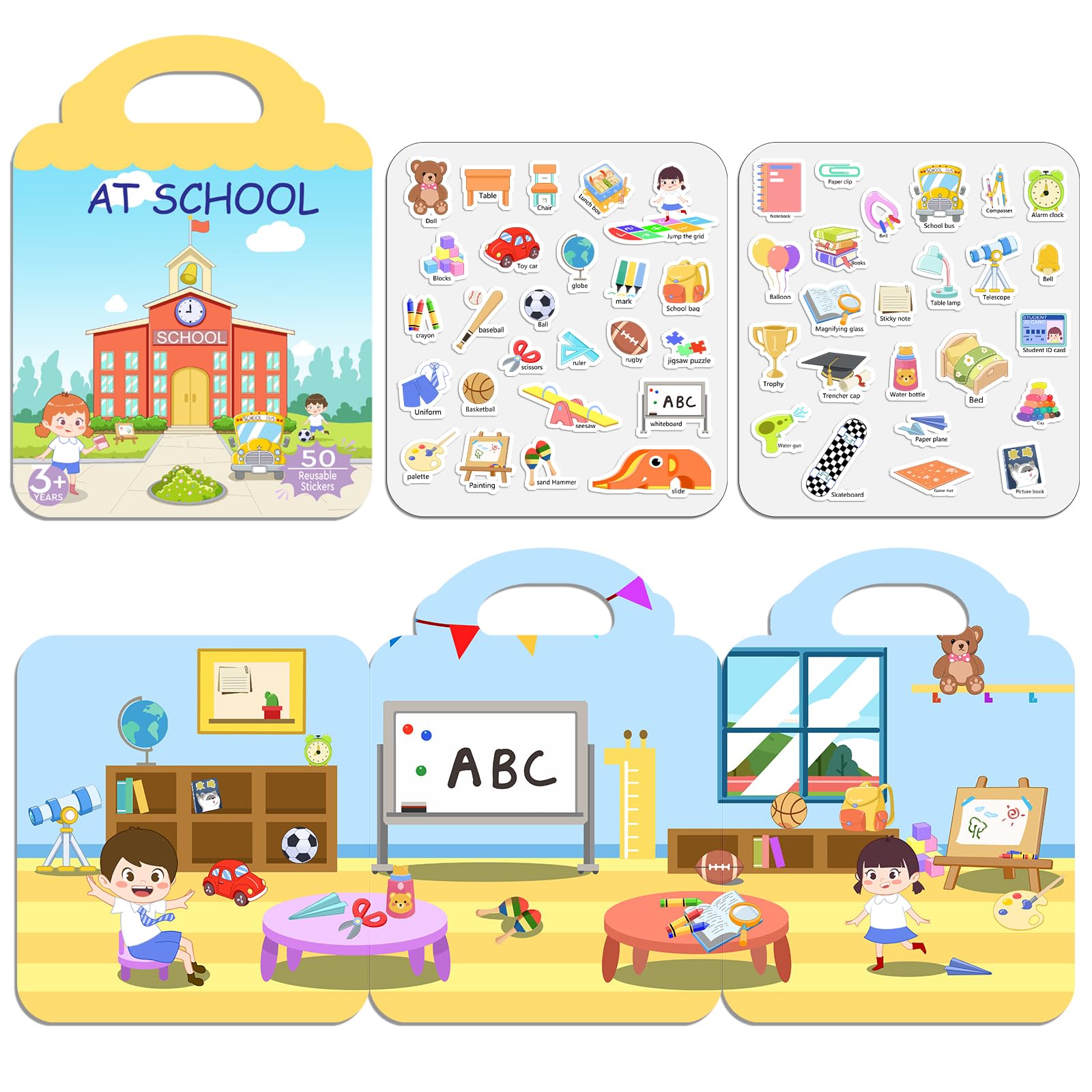 JOFREY at School Reusable Sticker Book,Jelly Sticker for Kids,50pcs Stickers ,Quiet Busy Book Preschool Learning Activities for Toddlers Ages 3-6