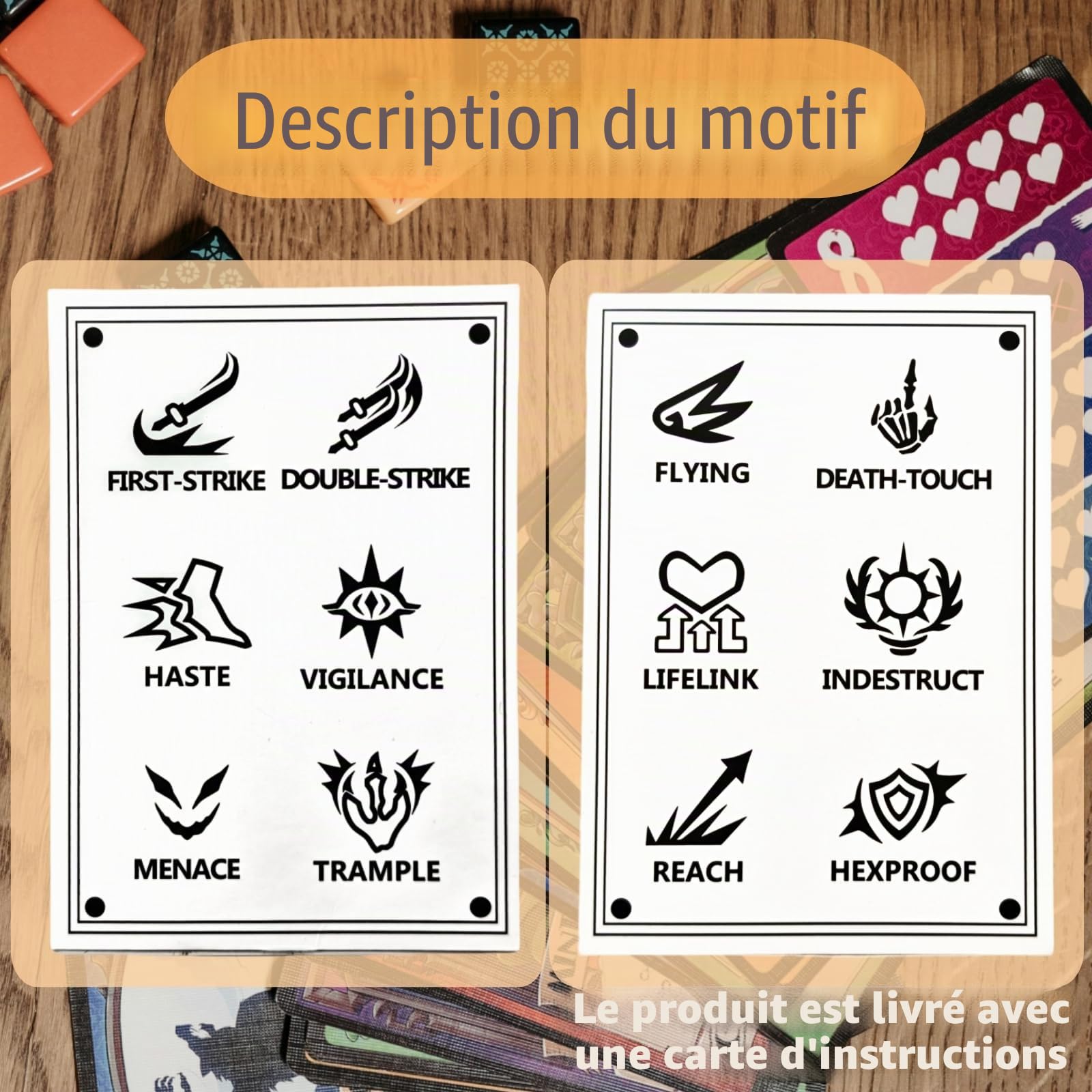 Lot de 90 dés compteurs MTG - Compteurs de compétences, -1/+1, Vie et Bouclier, dés D6 marbrés Multicolores avec Motifs MTG, pour améliorer statistiques créatures (avec Sac)