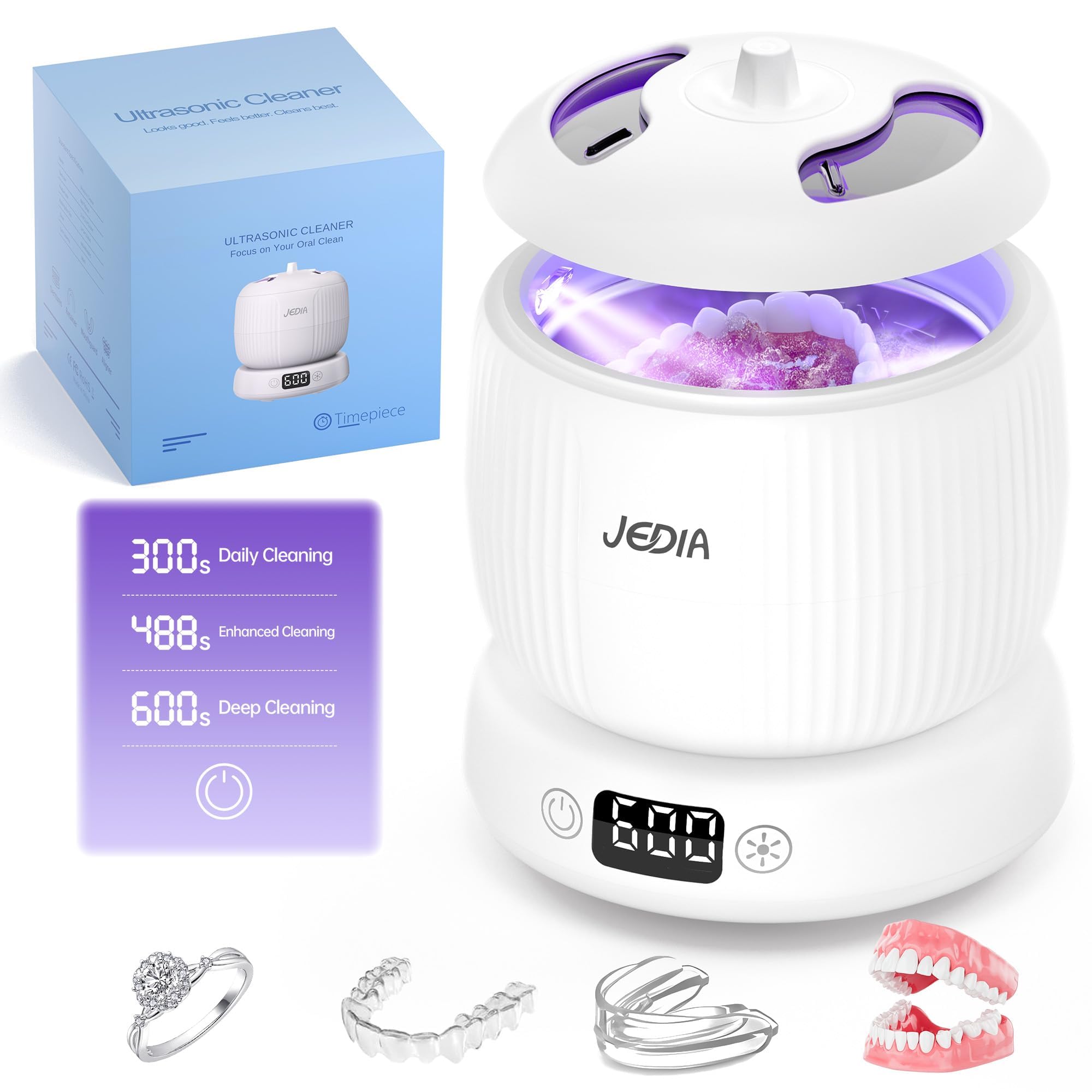 JEDIA Ultrasonic Retainer Cleaner Machine with 4 Modes – 45kHz 180ML Ultrasonic Cleaner for Retainer,Denture,Mouth Guard,Ring,Jewelry,Leak-Proof