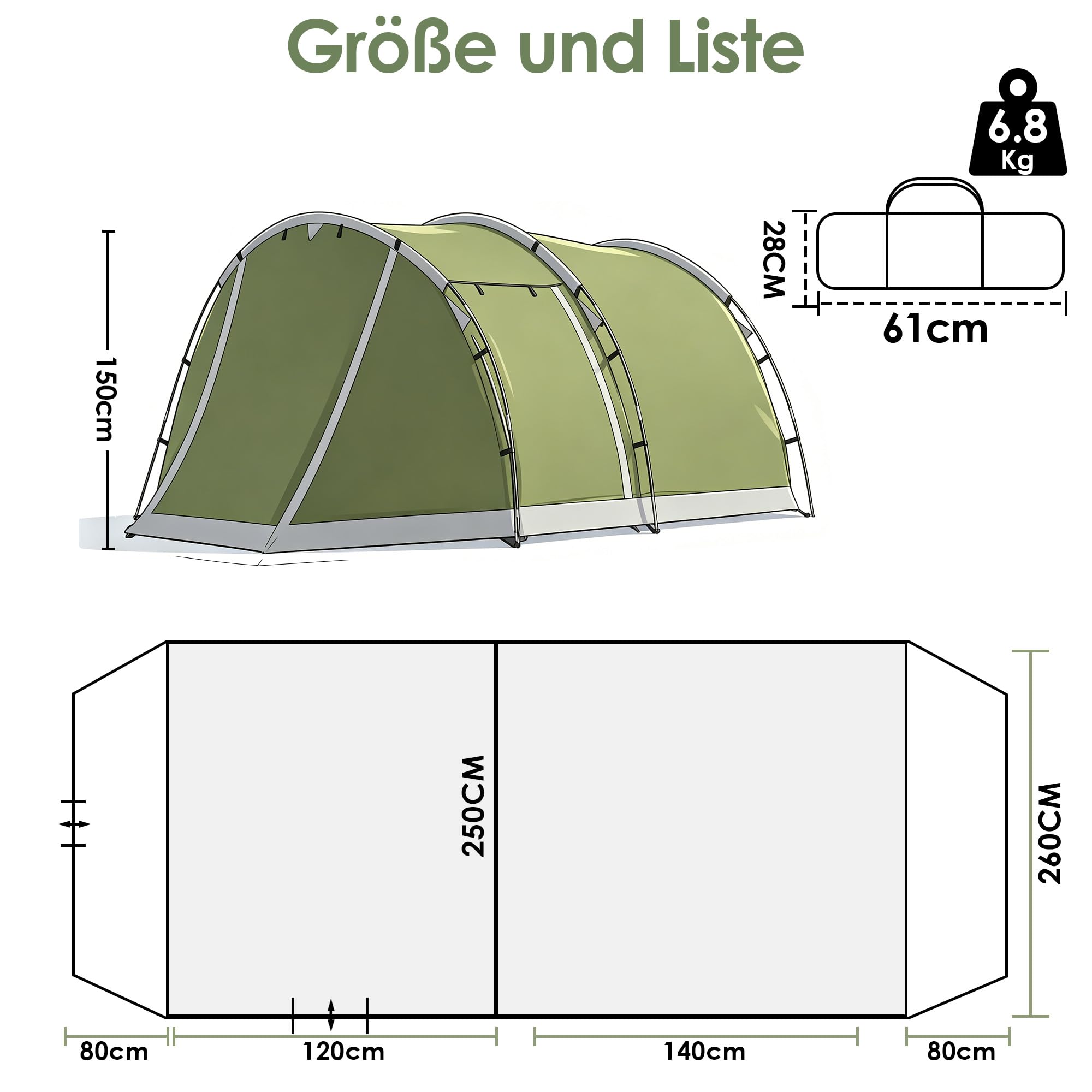 Tunnelzelt,Camping Zelt 4 Personen Zelte 5000mm wasserdichte Familienzelt Gruppenzelt 420x260 x150cm Campingzelt mit Vorzelt Schlafkabine Tent mit abnehmbarem Zeltboden
