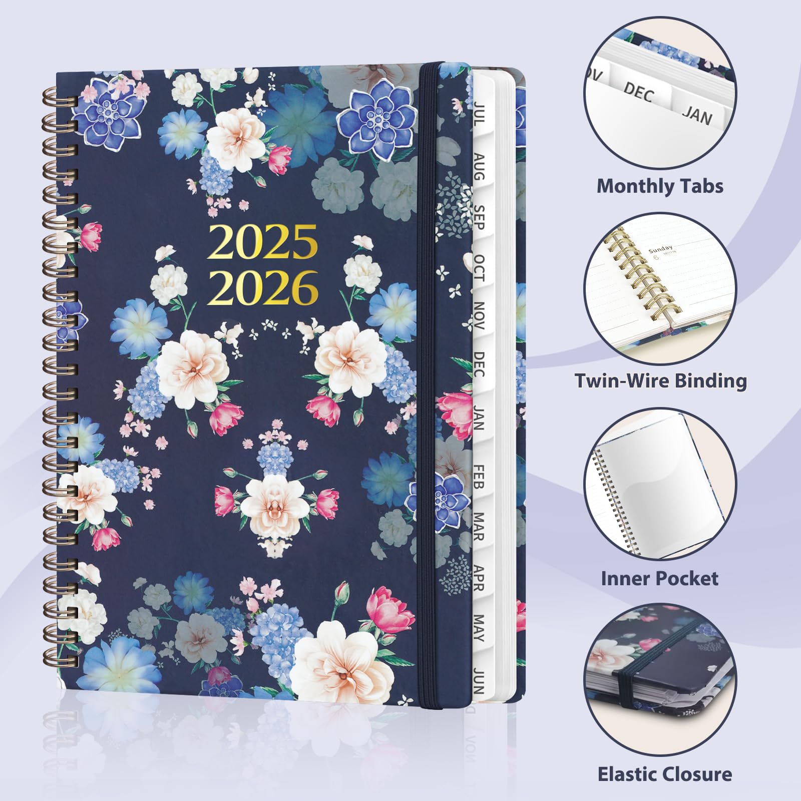 2025-2026 Academic Year Planner - 8.5" X 11" Weekly & Monthly Planner, July 2025 To June 2026, With Tabs & Pocket, Pink Flower