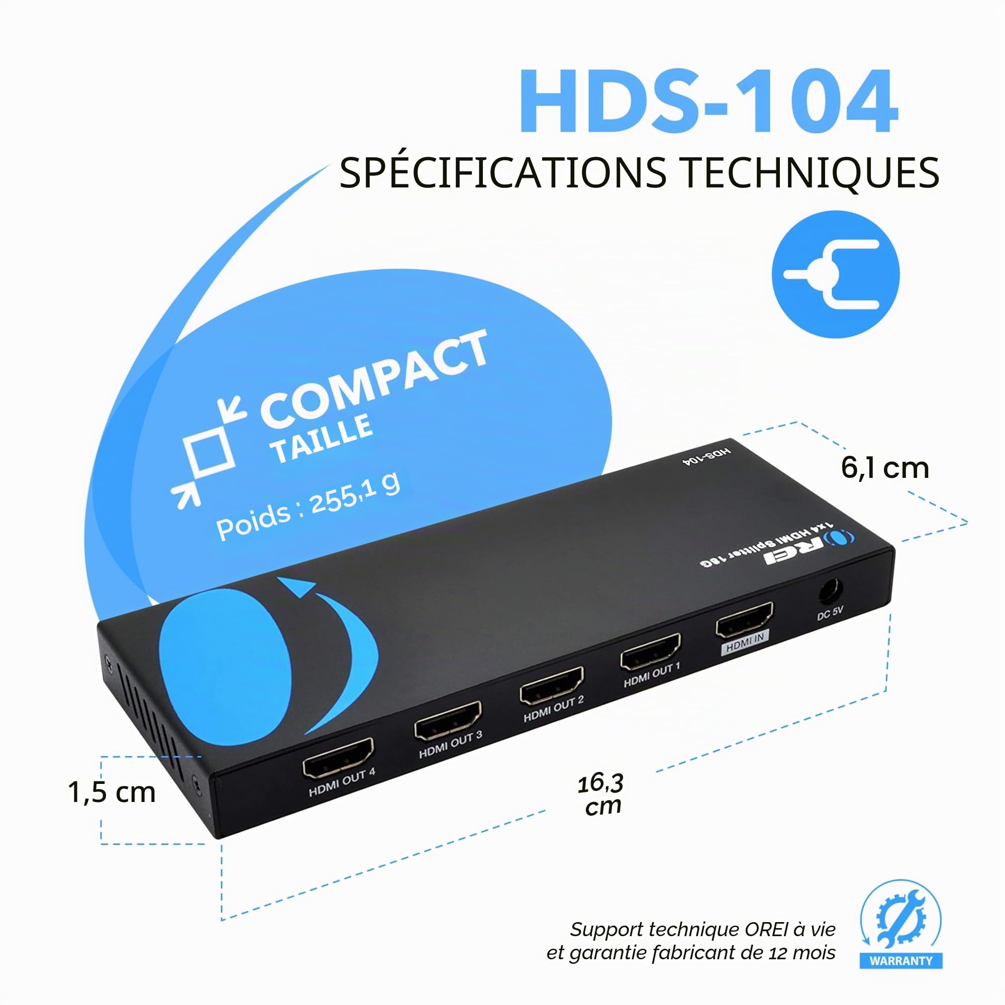 OREI HDMI Splitter 1 in 4 Out – 4K@60Hz HDMI 2.0 Splitter with HDCP 2.2, EDID Management, and LPCM/Dolby/DTS Audio Support – Compact Plug & Play Design